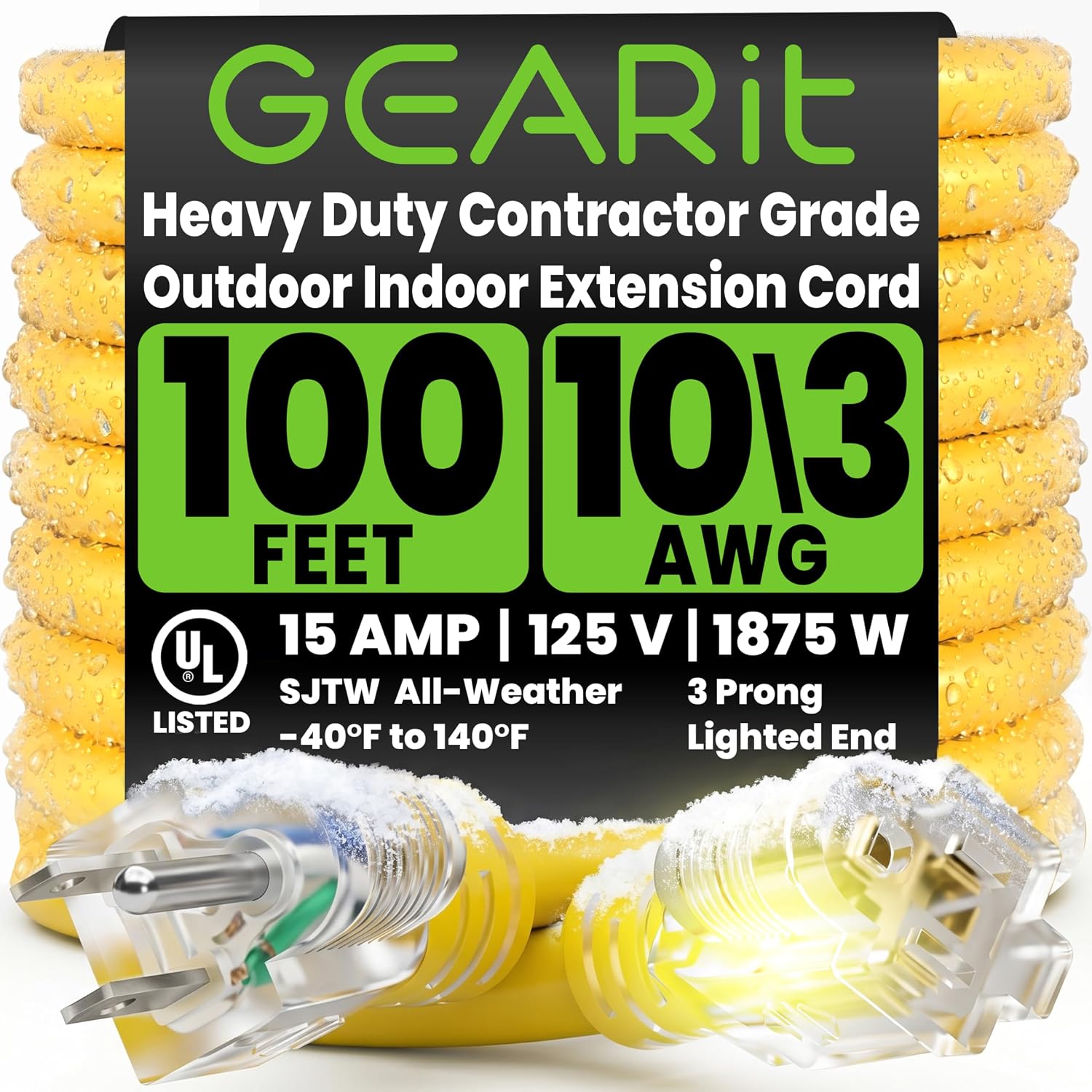 GEARit 100 ft Outdoor Extension Cord 10/3 Gauge SJTW 10 AWG, 3-Prong Heavy Duty Power Cable with Lighted End, 15A 125V 1875W, Waterproof Cord for Tools, Lawn & Garden, Yellow