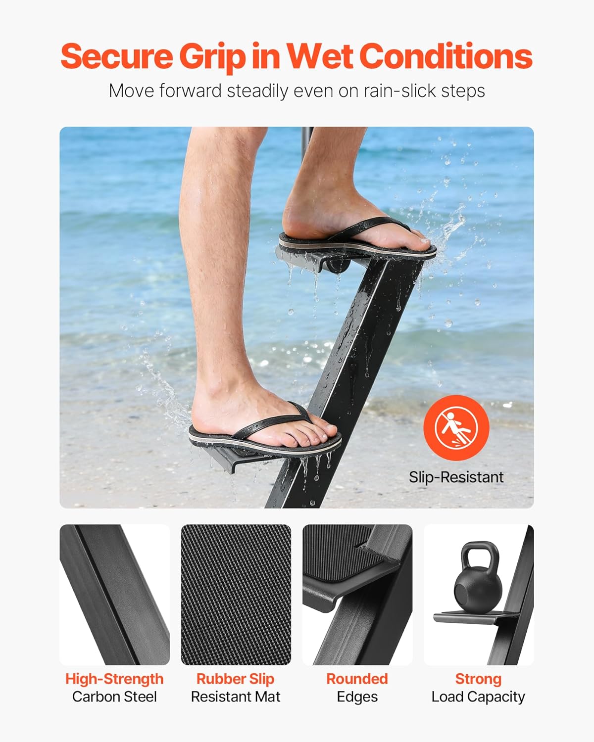 VEVOR Boat Trailer Steps, 4-Step, Heavy-Duty Boat Trailer Steps with Handle, Non-Slip Surface, 3 Mounting Angle Options, Carbon Steel Ladder Suitable for 3' x 3'/3' x 5'/4' x 4' Frame, Bottom Mounting