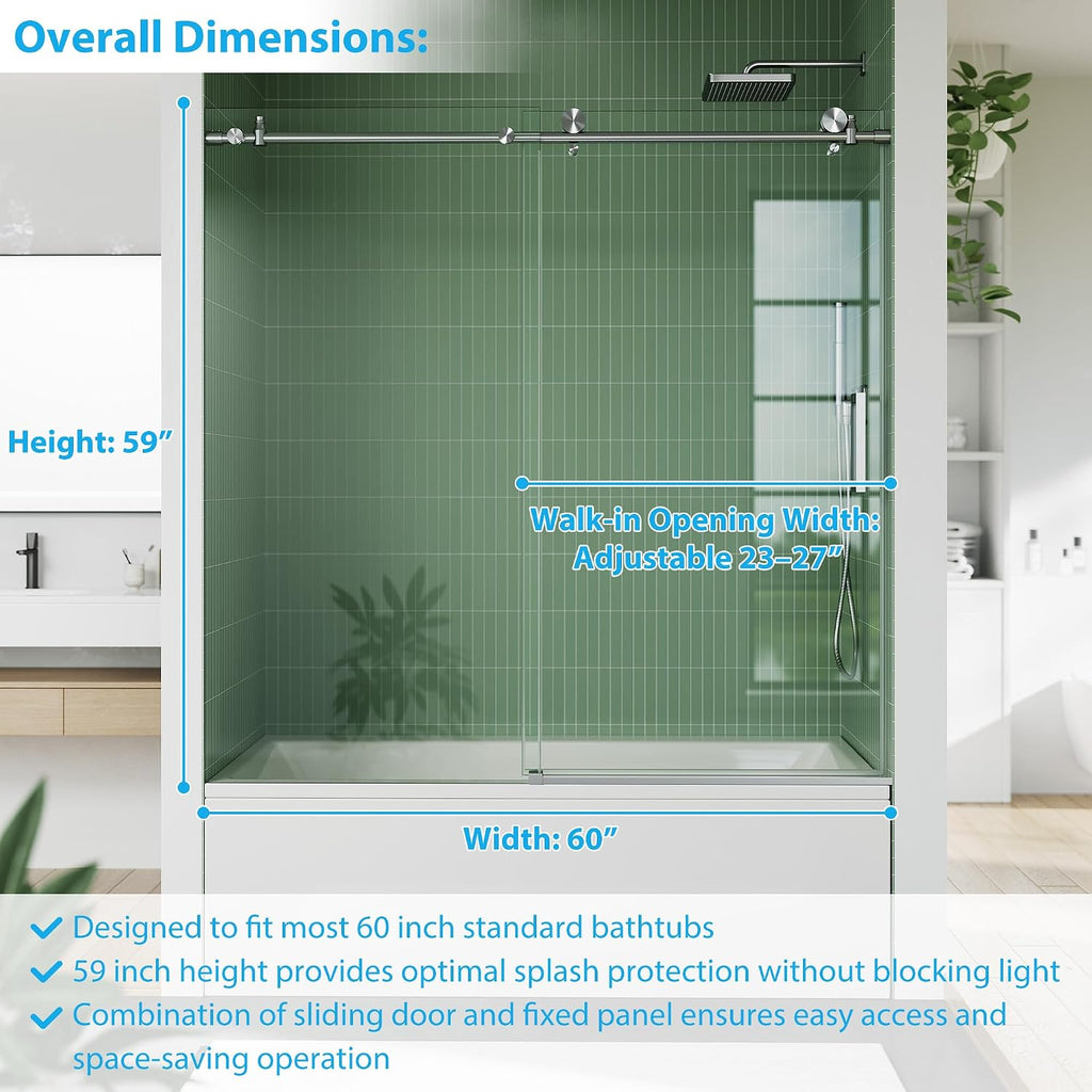 Frameless Bathtub Shower Door, 56–60 inch W x 59 inch H Sliding Tub Door, 6mm Tempered Glass, Stainless Steel Round Rail & 55 Rollers, One Fixed and One Sliding Panel,Brushed Sliver