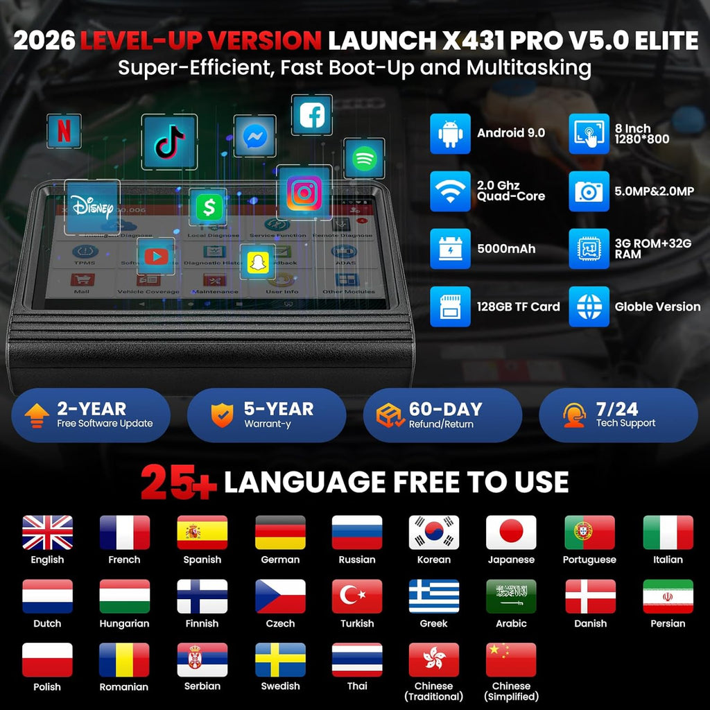 LAUNCH X431 PRO V 5.0,2026 New Gen. OEM Bluetooth Bidirectional Scan Tool w/Canfd Doip,Same as Pro3s+ 5.0,Online Code & 38+ Reset for All Cars,2 Yrs Free Update