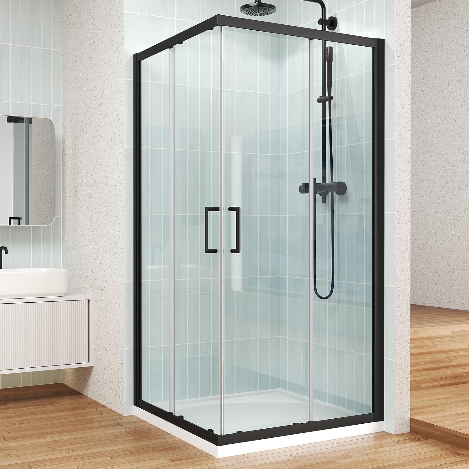 ENSO SENKA Corner Shower Enclosure 36' D X 36' W X72' H Shower Stall for Walk in Shower, 1/4' Thick Clear SGCC Tempered Glass Sliding Shower Door, Matte Black (Shower Base Not Included)