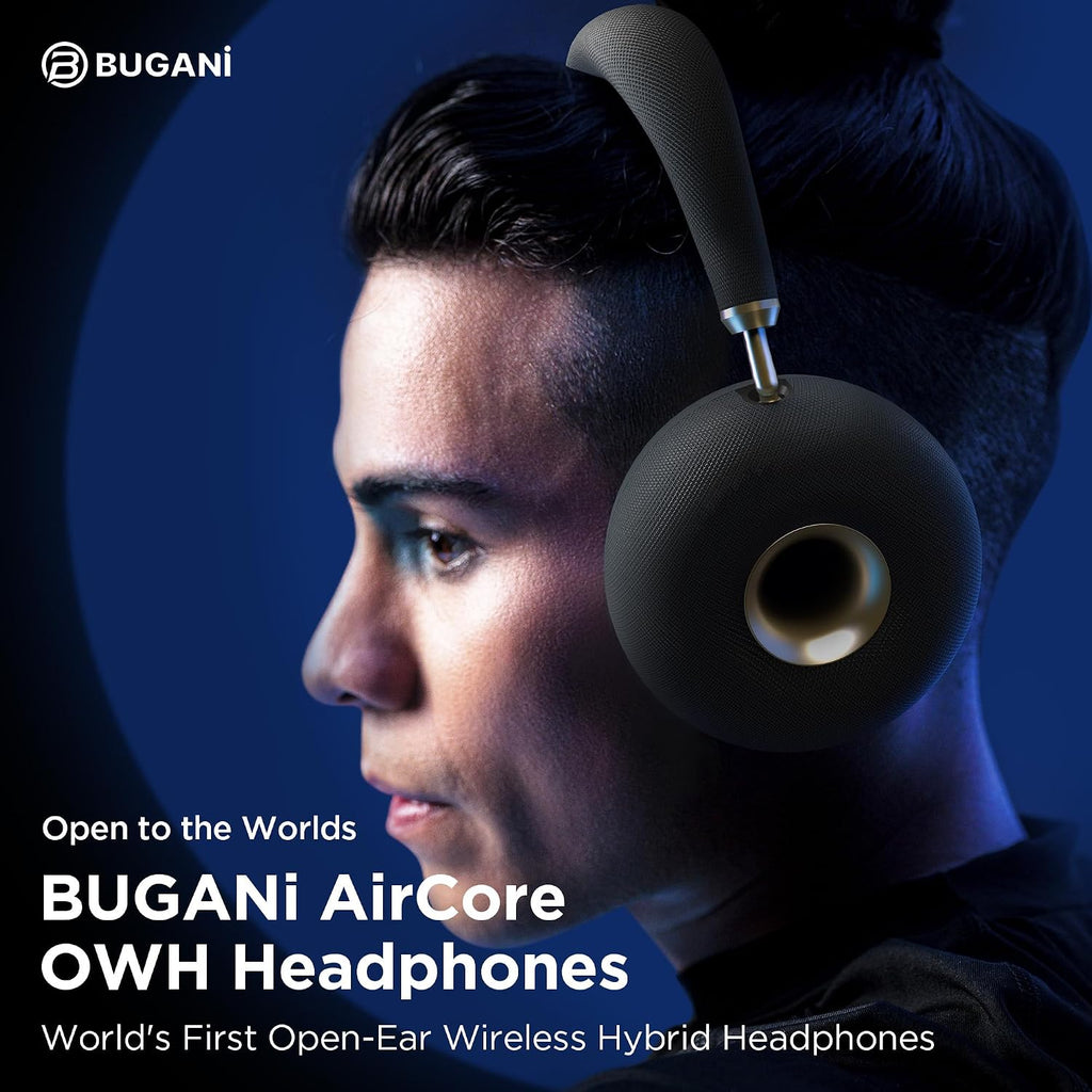 BUGANI AirCore Open-Ear Wireless Headphones: Bluetooth 5.3 Over-Ear Headset with Removable Noise-Canceling Ear Caps, Dual-Driver HiFi Sound, 27H Battery Life Comfortable Fit, Type-C Fast Charging
