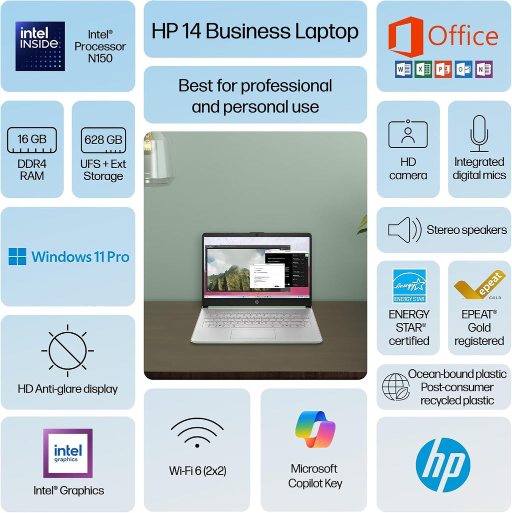HP Ultrabook 14 Laptop Computer Business Study & Home 2025, Lifetime MS Office + Windows 11 Pro, Quad-Core Intel CPU, 16GB RAM & 628GB Storage (128GB UFS+500GB Ext), Wi-Fi 6, HubxcelAccessory, Geeen