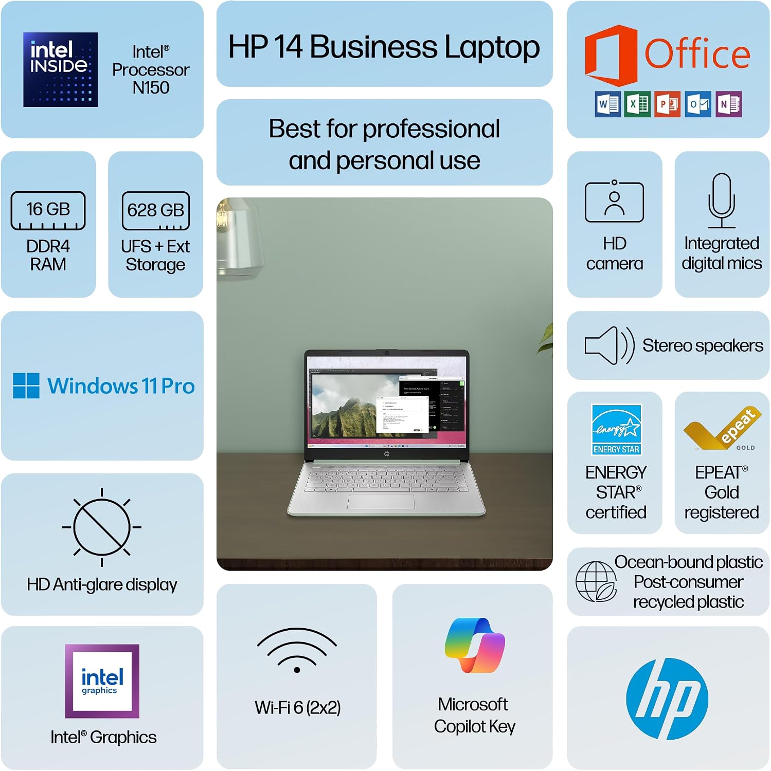 HP Ultrabook 14 Laptop Computer Business Study & Home 2025, Lifetime MS Office + Windows 11 Pro, Quad-Core Intel CPU, 16GB RAM & 628GB Storage (128GB UFS+500GB Ext), Wi-Fi 6, HubxcelAccessory, Geeen
