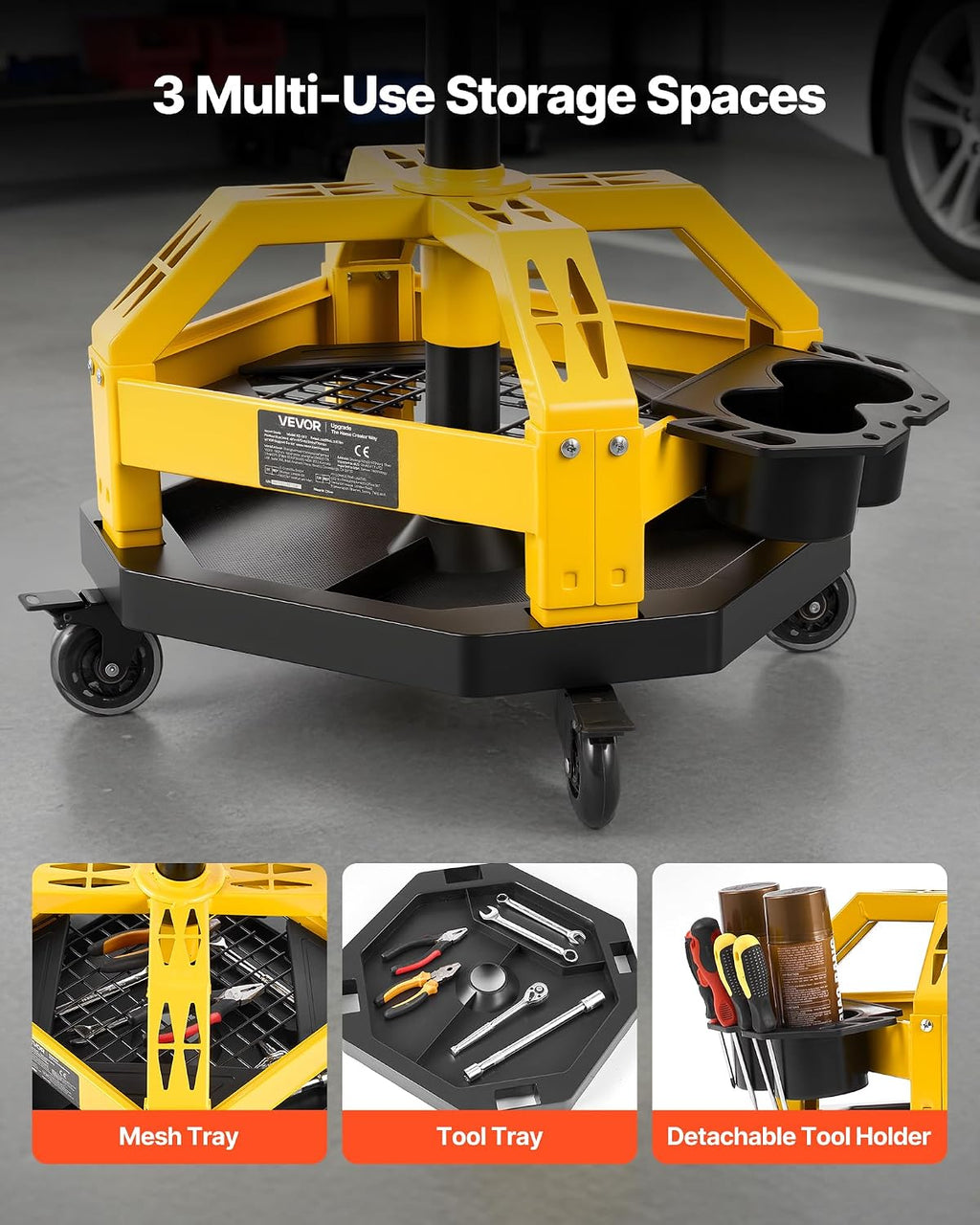 VEVOR Rolling Shop Stool with Wheels, 19.7'-25.6' Adjustable Height, 360° Swivel, 330 lbs Capacity, Garage Work Mechanic Stool with Backrest, Tool Tray Storage, Padded Seat Shop Chair, Black/Yellow
