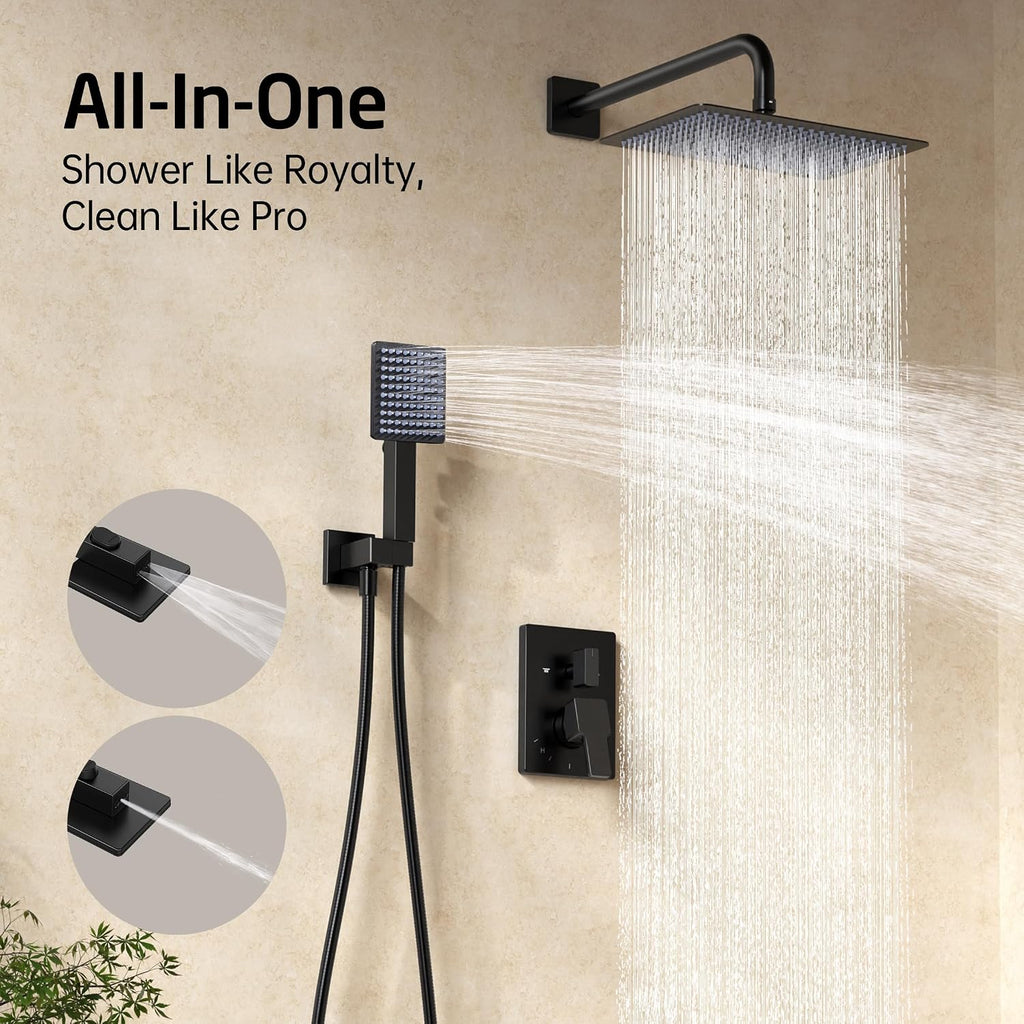 KES Black Shower Faucet Set with 12' Rectangle Rain Head, 18/8 stainless steel Shower Head System with 3-Modes Handheld Spray, Pressure-Balanced Anti-Scald Valve, XB6247S12-BK