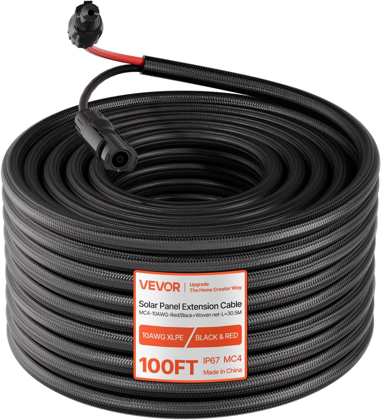 VEVOR 100FT Solar Panel Extension Cable, 10 AWG, Solar Panel Wire with Flame Retardant Protective Sleeving, Female and Male Connectors, IP67 Waterproof PV Wire, for Outdoor Automotive RV, Black & Red