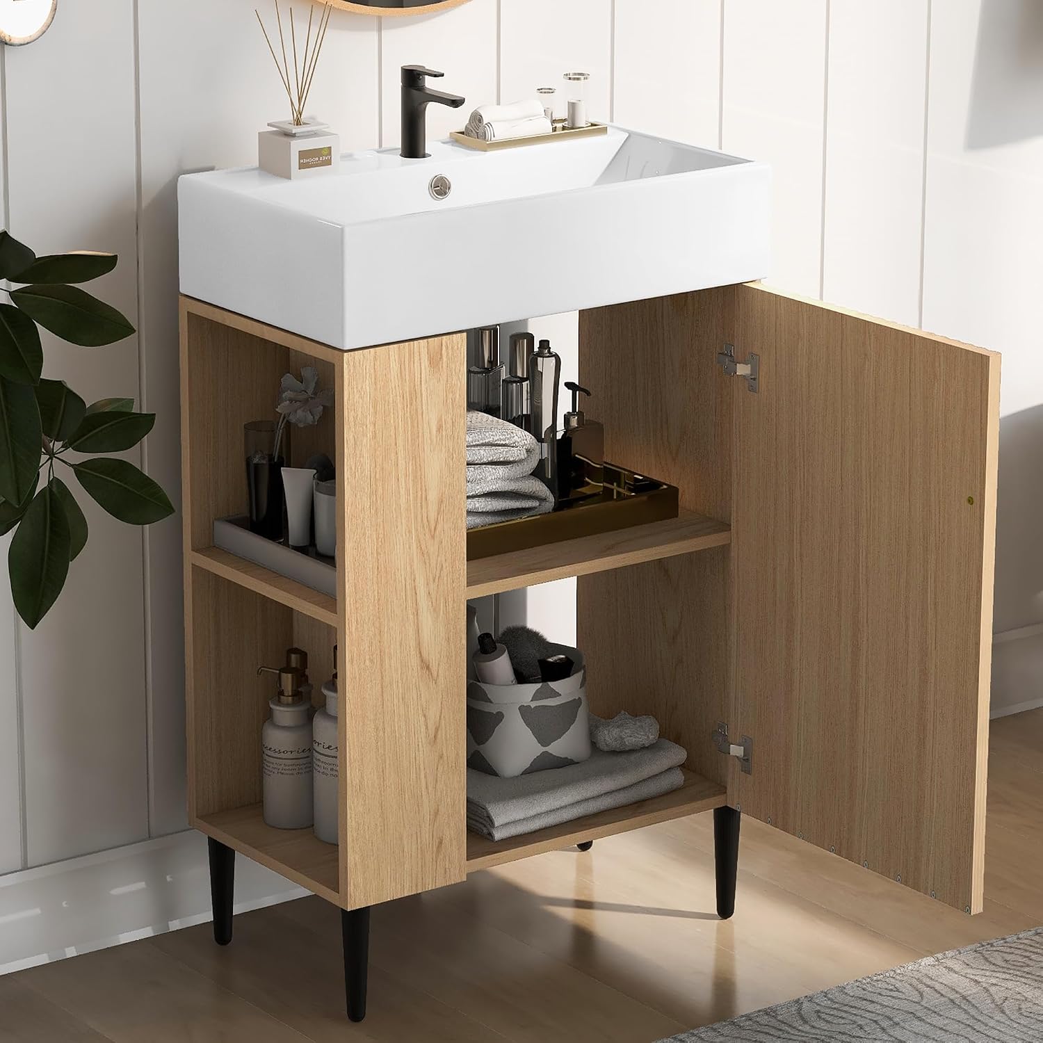 Merax 20 Inch Bathroom Vanity with Sink, Narrow Depth Bathroom Vanities,Wood Vanity Cabinet,Soft Closing Door,Freestanding Sink Cabinet W/Open Side Shelves, Oak