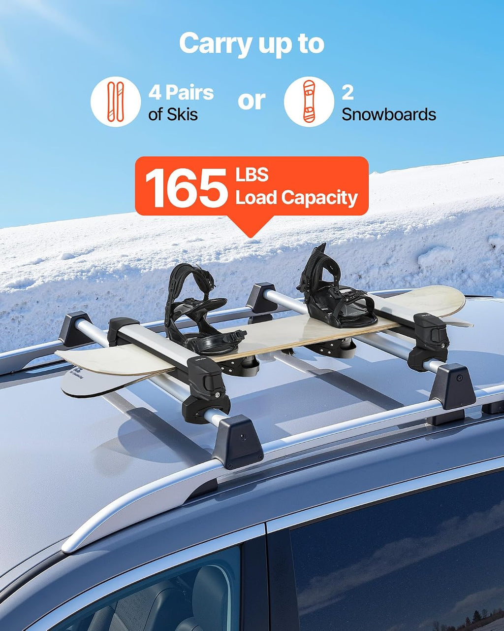 VEVOR Ski & Snowboard Roof Rack, Carry up to 4 Pairs of Skis or 2 Snowboards, 2 PCS Aluminum Universal Car Roof Rack Top Holder with Lock & Rubber Padding, Carrier for Fishing Rod, Fit Most Crossbars