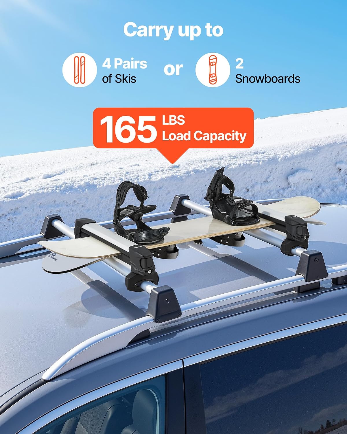 VEVOR Ski & Snowboard Roof Rack, Carry up to 4 Pairs of Skis or 2 Snowboards, 2 PCS Aluminum Universal Car Roof Rack Top Holder with Lock & Rubber Padding, Carrier for Fishing Rod, Fit Most Crossbars