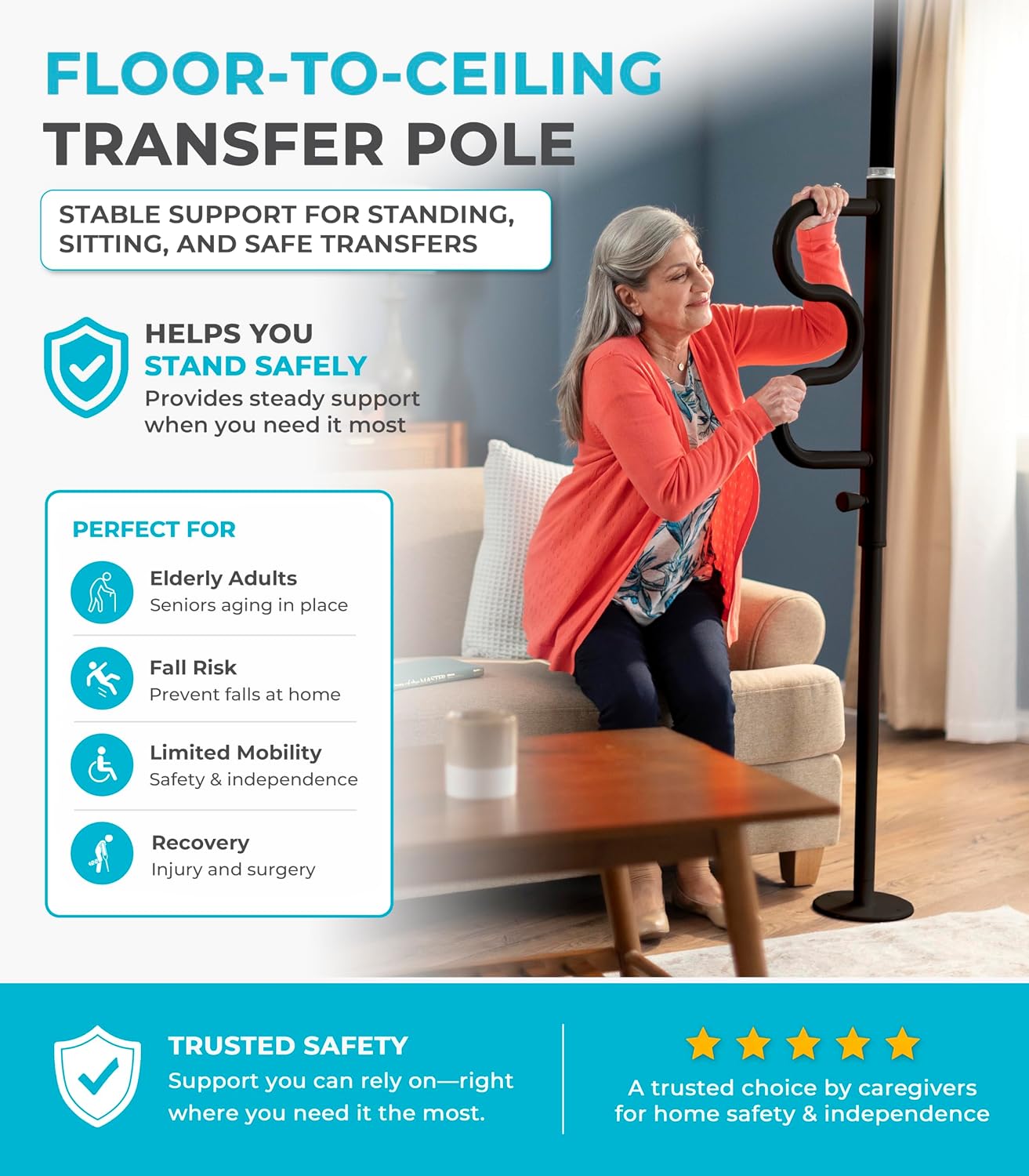 Stander Wonder Pole Plus with Rotating Double Grab Bar, Tension Mounted Security Pole for Seniors & Elderly Adults, No-Drill Floor to Ceiling Transfer Pole for Home & Bath Safety, Black