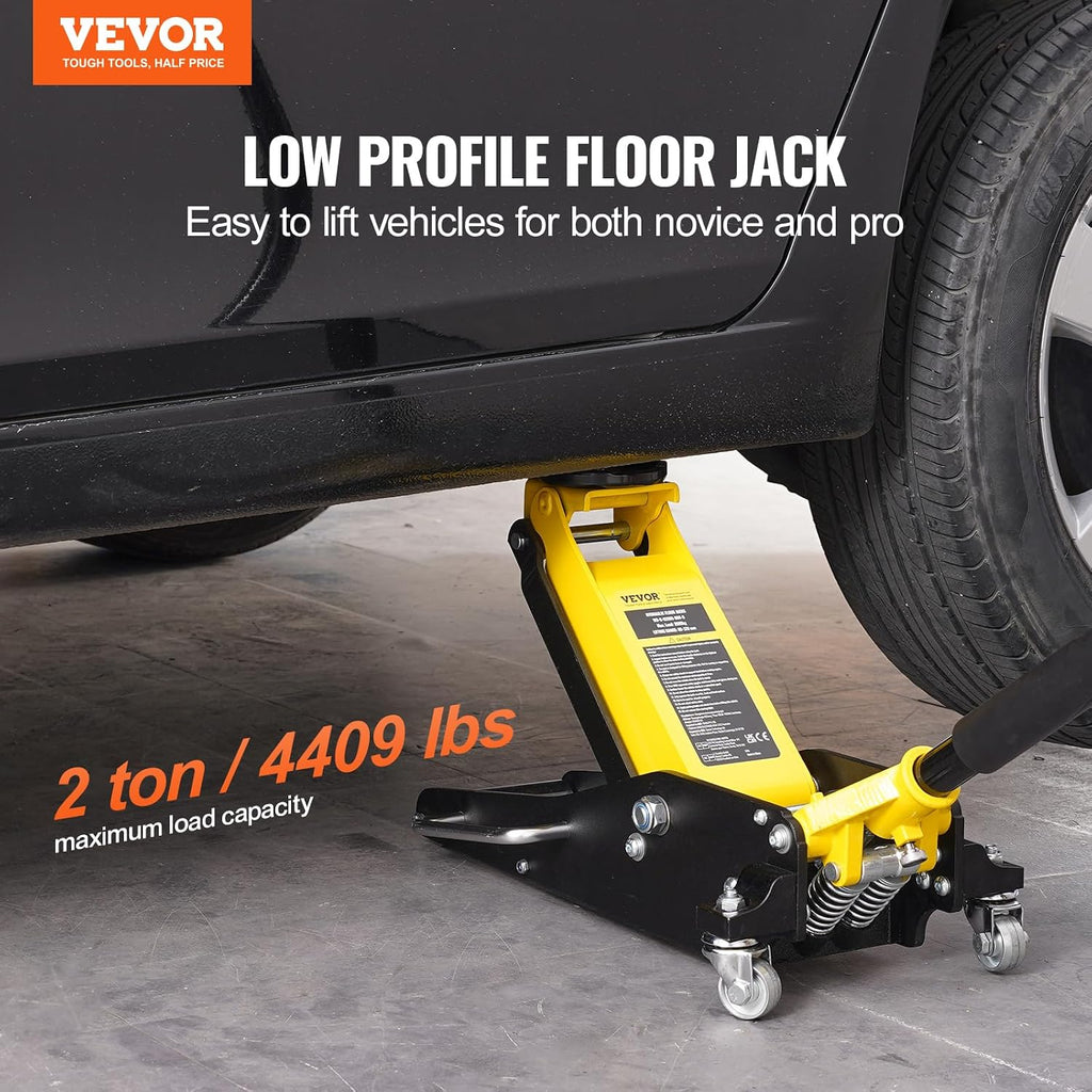 VEVOR Low Profile Floor Jack 2 Ton (4400 lbs), Heavy Duty Aluminum Hydraulic Racing Floor Jack, Hydraulic Car Jack, Dual Piston Quick Lift Pump, 3.2'-14.6' Height Lifting Range (Yellow)