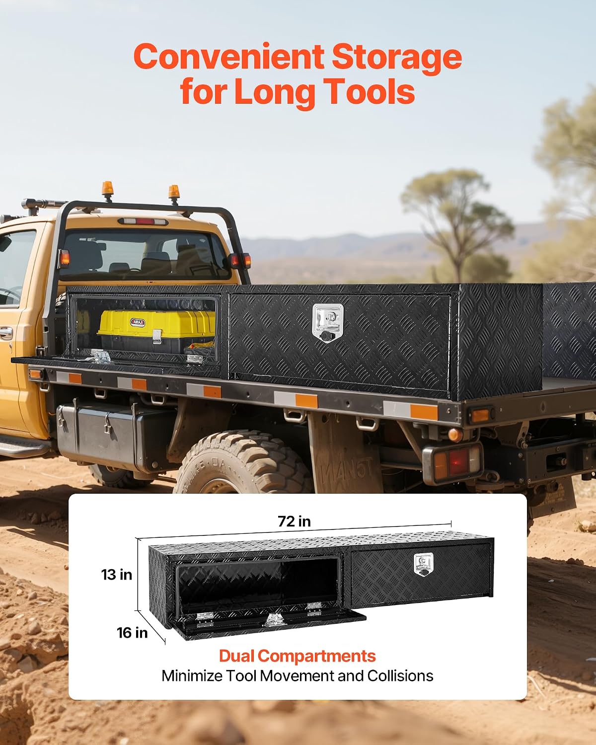 VEVOR Truck Tool Box, 72 x 13 x 16 Inch, Black Aluminum Tread Topsider Toolbox with Dual Drop Doors, Heavy Duty Lockable Storage and Organization Box with Latch, Corrosion-Resistant, for Truck Bed