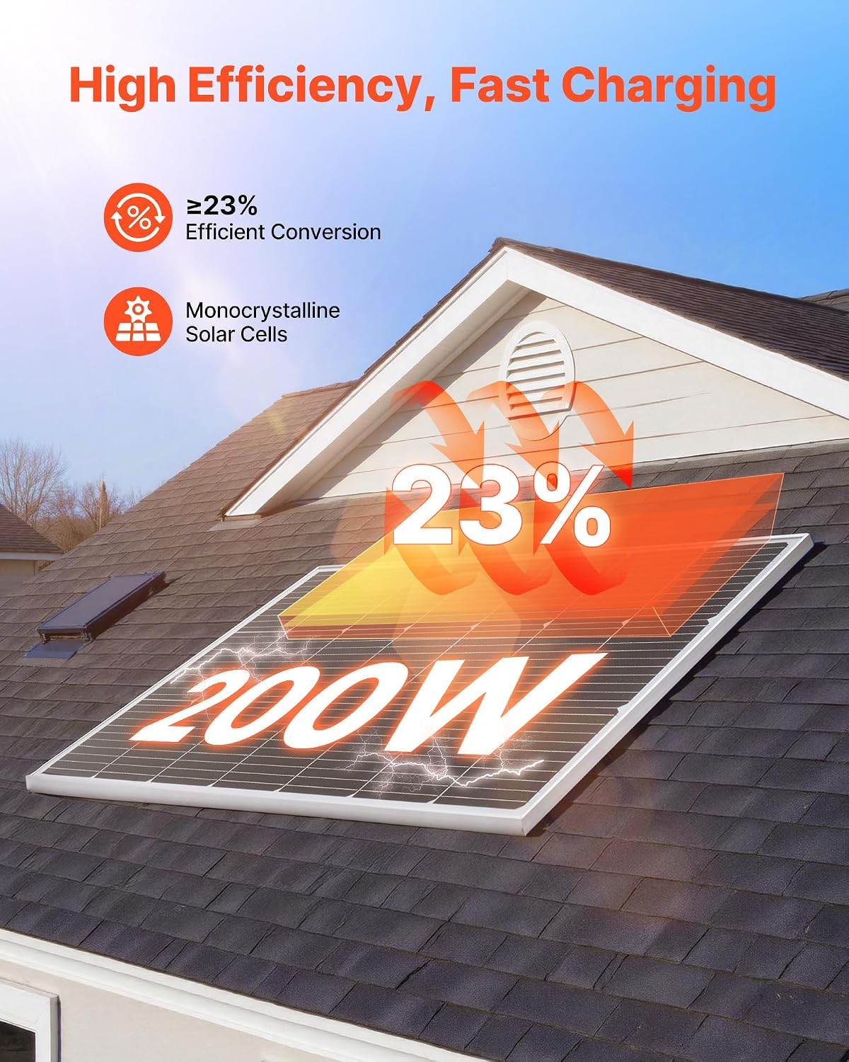 VEVOR 200W Monocrystalline Solar Panel, 23% High-Efficiency Mono PV Module with Stable MC4 Output & Aluminum Frame, IP65 Waterproof Solar Panel for Car Boat RV Flat Rooftop Off-Grid Applications