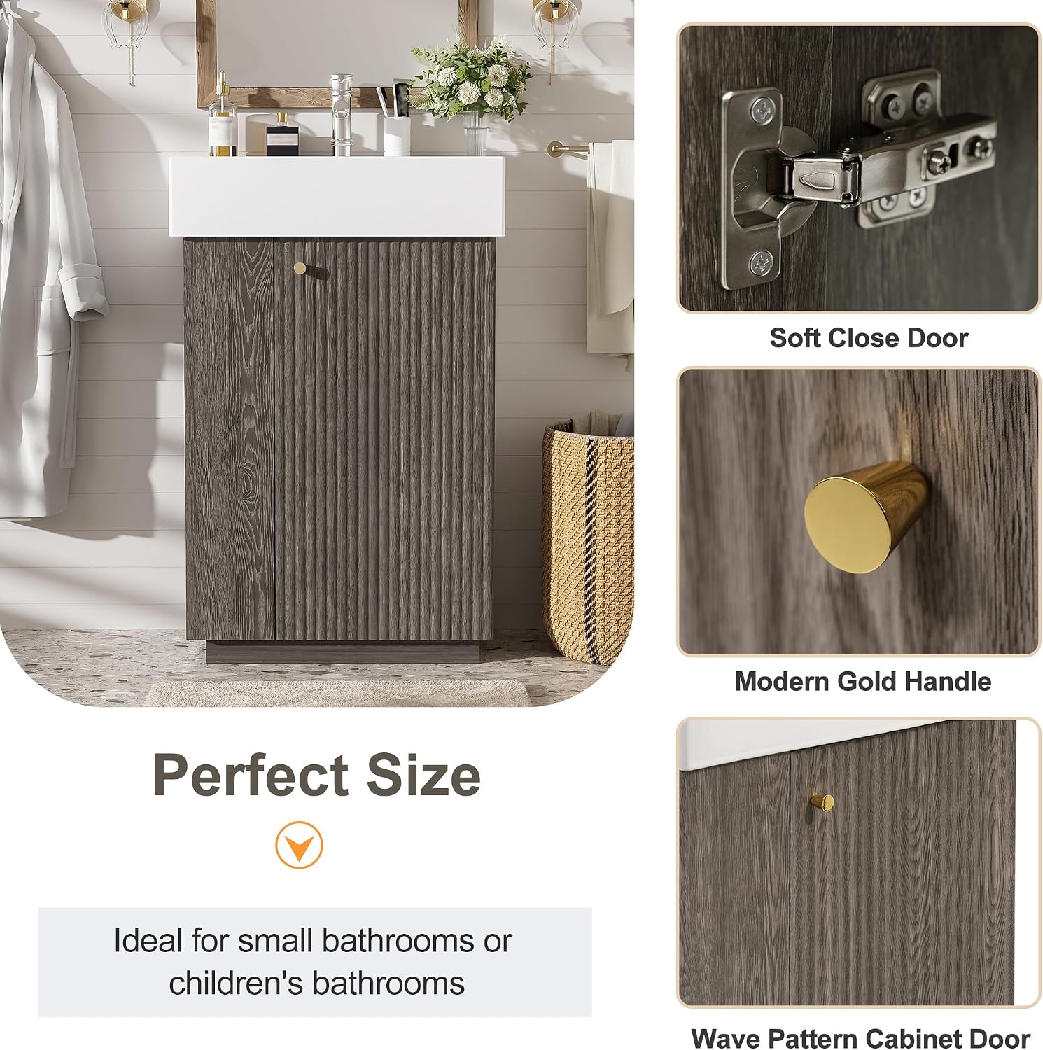 Merax Small Bathroom Vanity, Modern Floor Standing Bathroom Vanity with Sink, Ceramic Sink Vanity with Side Storage Shelves and Toilet Paper Holders, Dark Grey