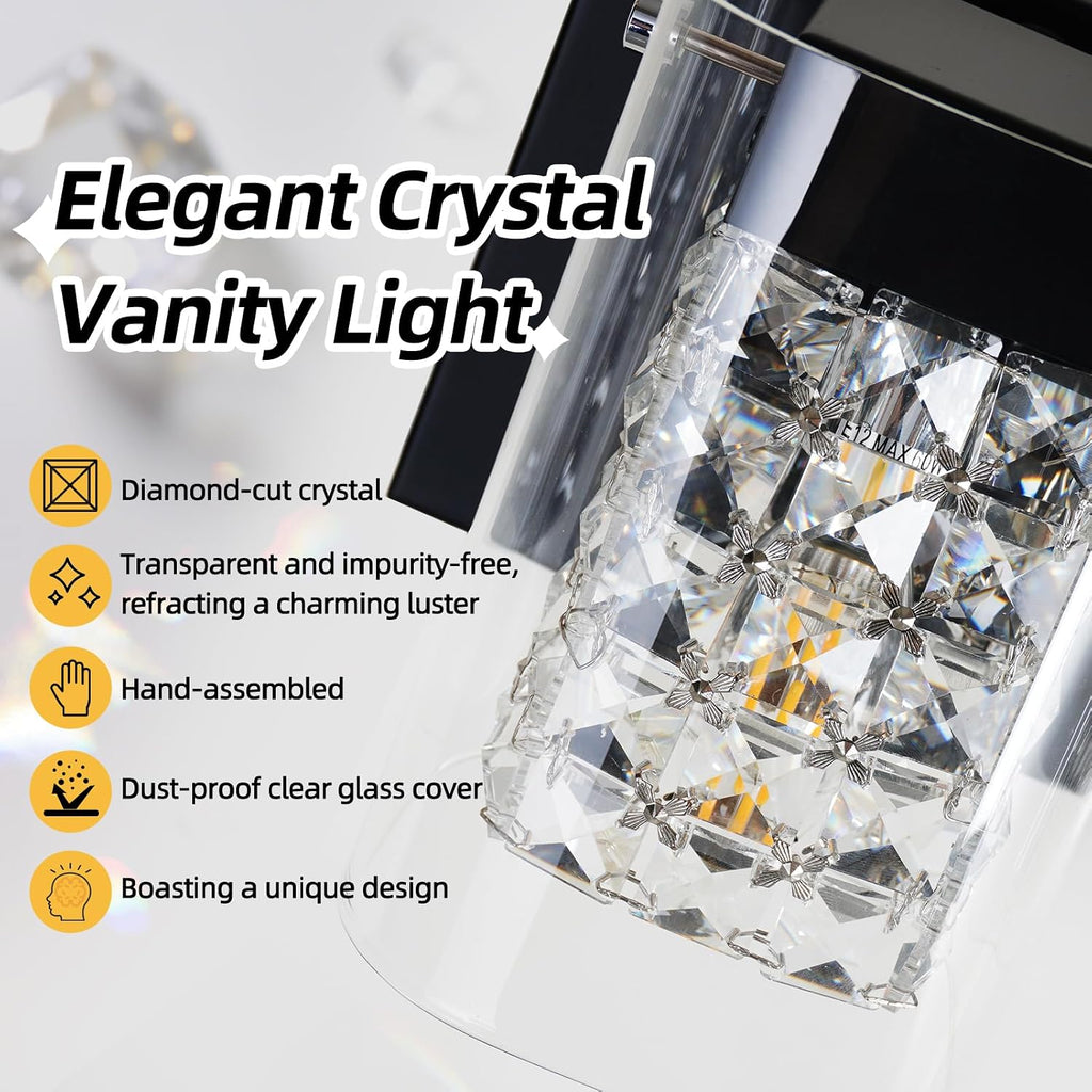 Modern Crystal Bathroom Light Fixtures, 3-Light Black Vanity Lights with Clear Shades, Bathroom Lighting Fixtures Over Mirror Wall Light for Living Room, Decoration,Bedroom（Exclude Bulb）