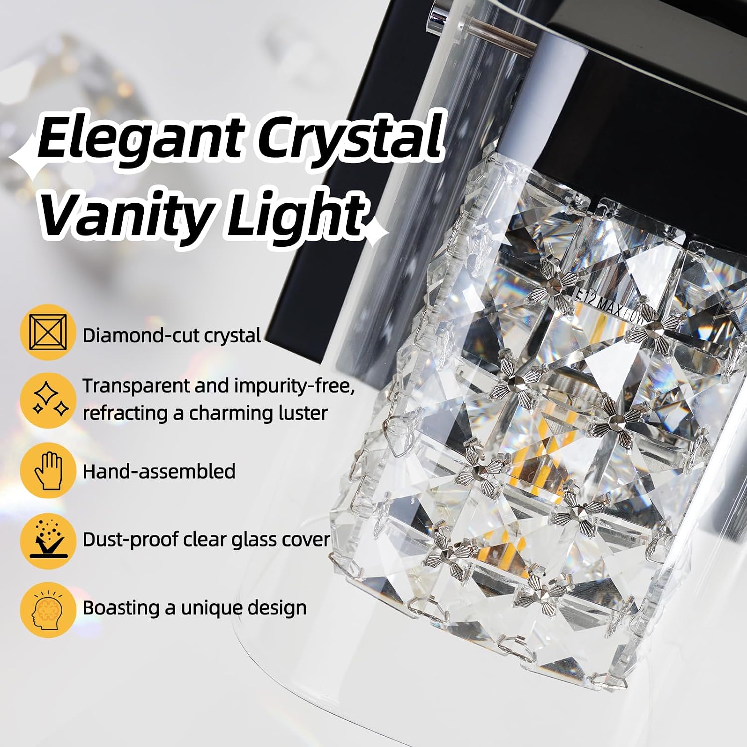Modern Crystal Bathroom Light Fixtures, 3-Light Black Vanity Lights with Clear Shades, Bathroom Lighting Fixtures Over Mirror Wall Light for Living Room, Decoration,Bedroom（Exclude Bulb）