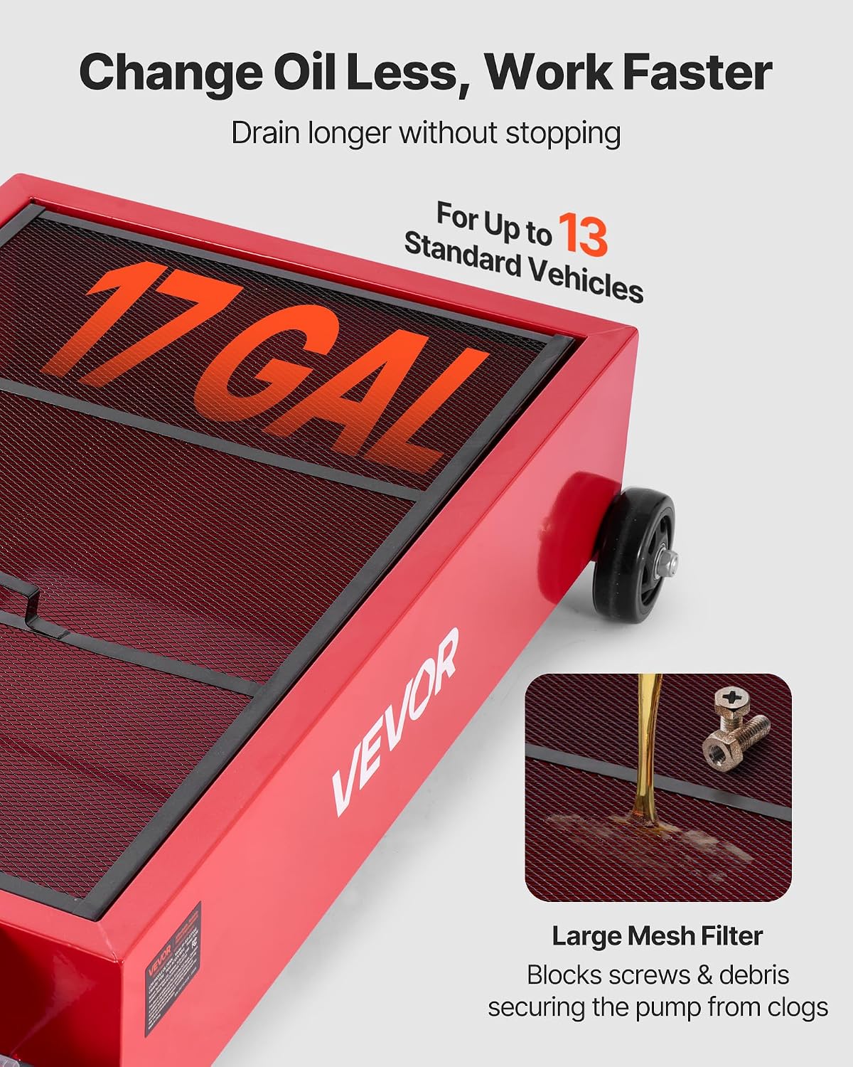 VEVOR Low Profile Oil Drain Pan, 17 Gal Capacity, Rolling Oil Drain Pan with 110V High-Flow Electric Pump, 7.2 ft Hose & T Folding Handle, Leak-Proof & Corrosion-Resistant, Fit for Trucks, ATVs, Red
