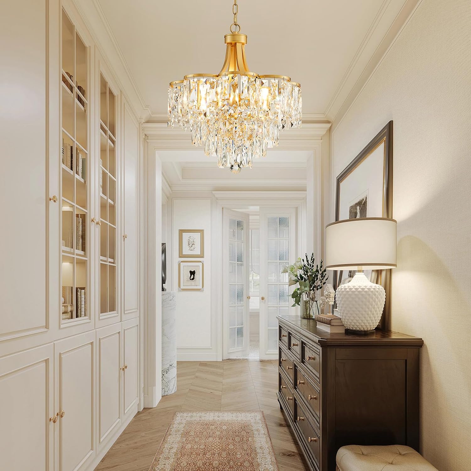 WUZUPS Crystal Chandelier Pendant Ceiling Light Modern Lighting Fixture for Bedroom Hallway Entry Kitchen Bathroom, H 21.1' x W 19.3', E12 Base, Gold
