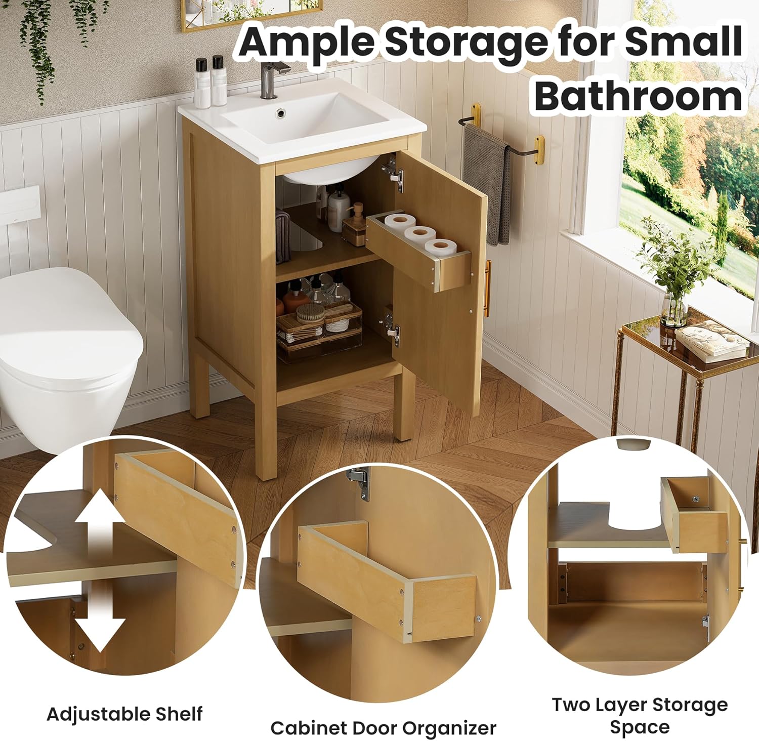 18-inch Bathroom Vanity with Sink Combo, Free-Standing Single Storage Cabinet with One Soft-Close & Adjustable Shelf, Modern Natural Wood Grain Vanity with Ceramic Basin for Bathroom (Natural)