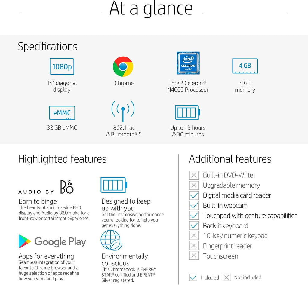 HP Chromebook 14-inch FHD Laptop, Intel Celeron N4000, 4 GB RAM, 32 GB eMMC, Chrome (14a-na0050nr, Mineral Silver)