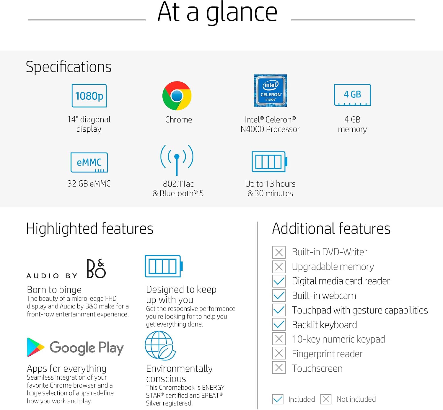 HP Chromebook 14-inch FHD Laptop, Intel Celeron N4000, 4 GB RAM, 32 GB eMMC, Chrome (14a-na0050nr, Mineral Silver)