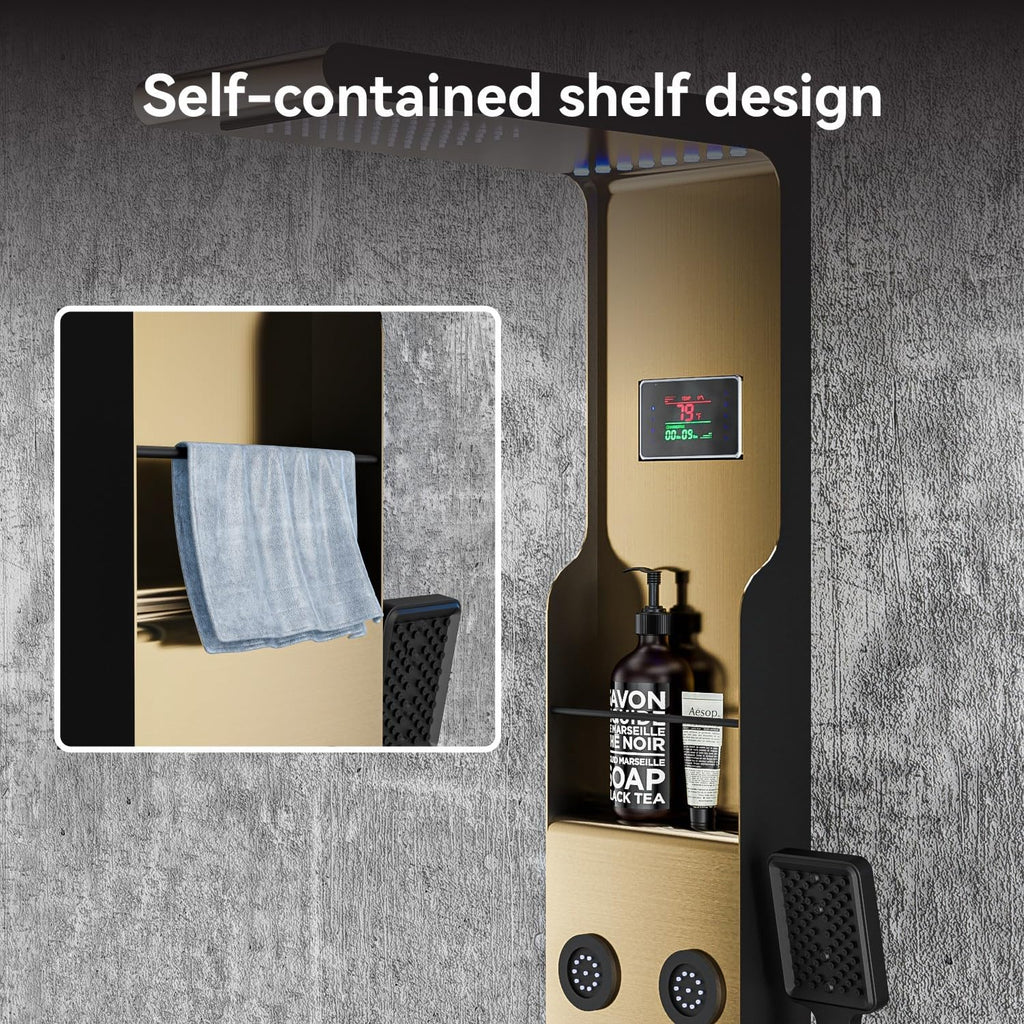 ELLO&ALLO LED Rainfall Shower Head and Rain Massage System with Body Jets Stainless Steel Bathroom Shower Panel Tower System with Shelf, Brushed Gold&Black