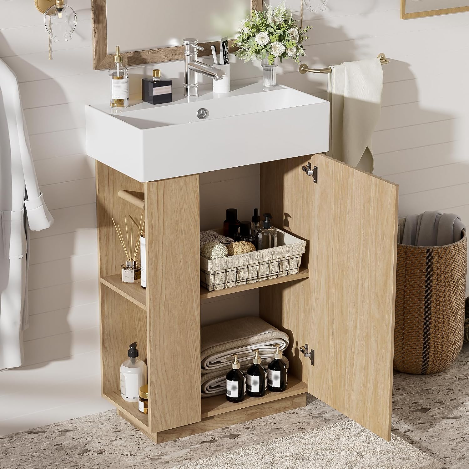 21.6-inch Bathroom Vanity with Reversible Sink, Free-Standing Single Storage Cabinet with One Right Door and Side Open Shelf, Vanity with Ceramic Basin for Bathroom (Dark Grey)