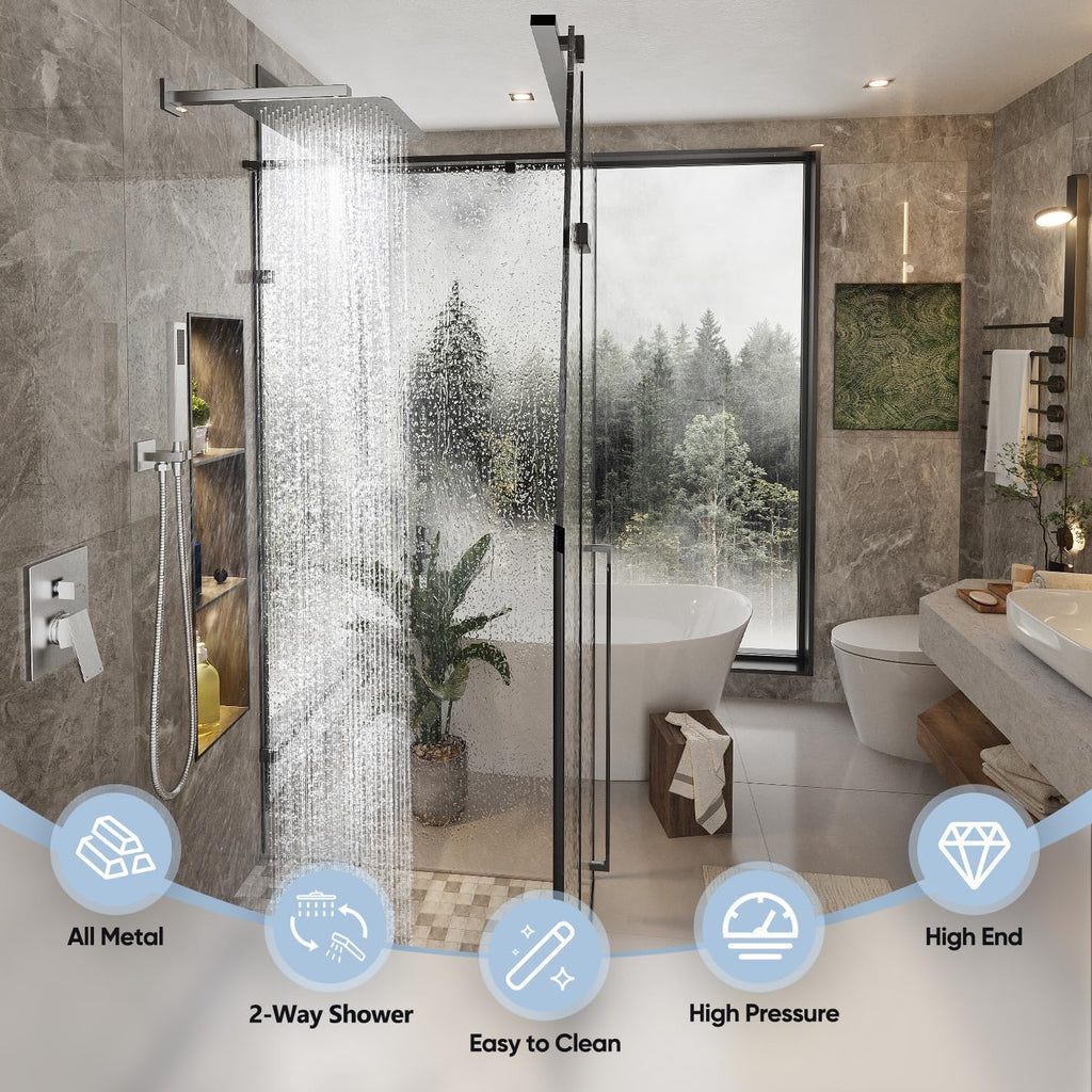 Gabrylly 12 Inches Shower System, Shower Faucet Set with Rain Shower Head and Handheld Shower, Luxury Rainfall Shower Combo Set with Shower Valve, Brushed Nickel