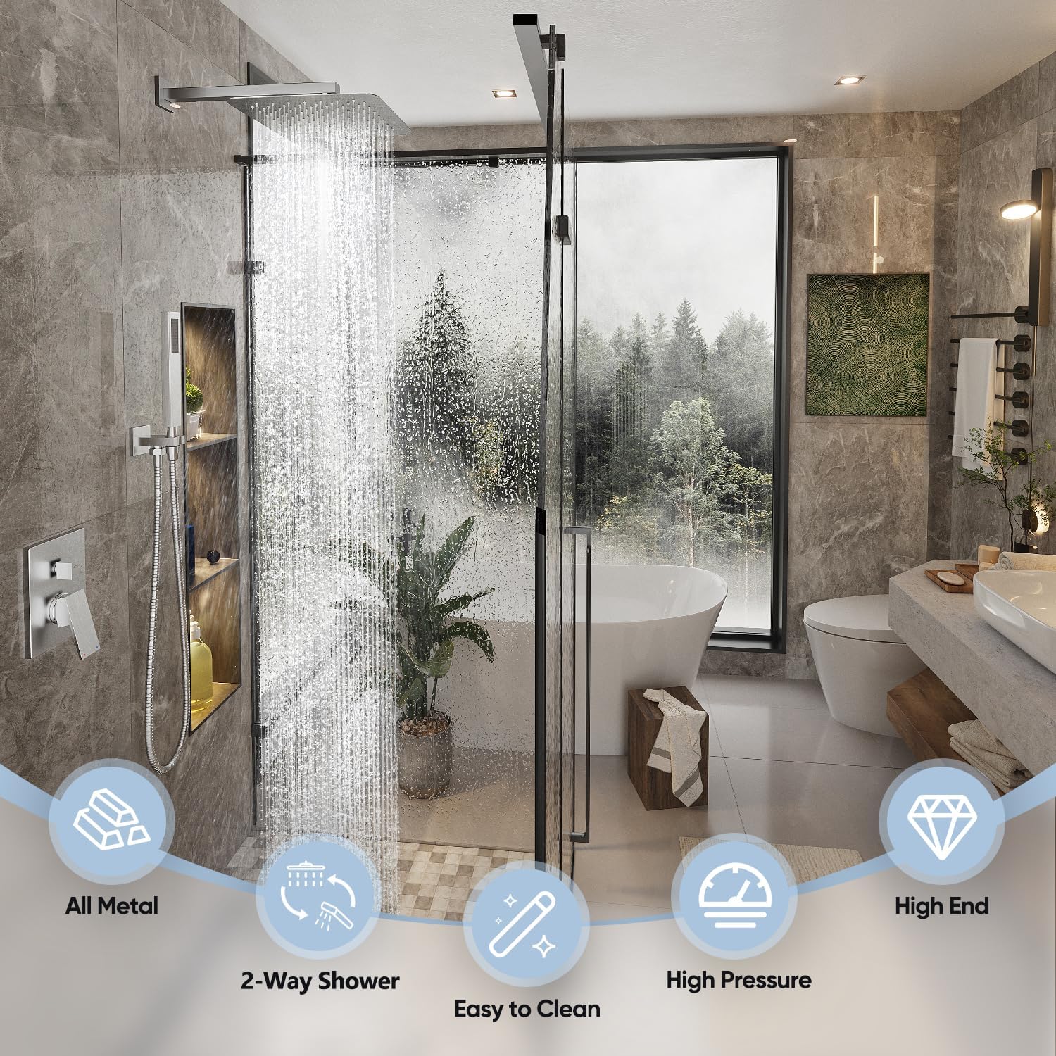Gabrylly 12 Inches Shower System, Shower Faucet Set with Rain Shower Head and Handheld Shower, Luxury Rainfall Shower Combo Set with Shower Valve, Brushed Nickel