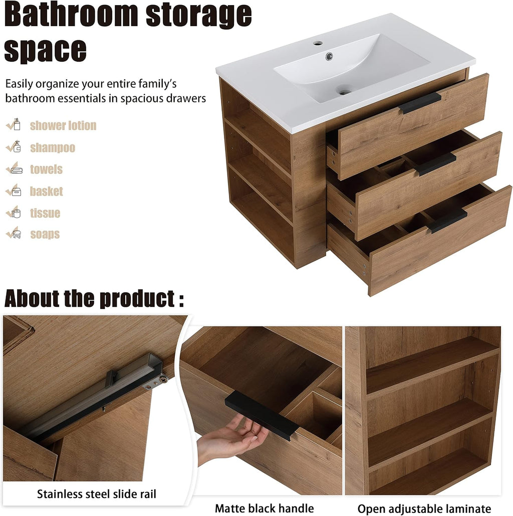 30' Bathroom Vanity with Sink, 30 Inch Floating Vanity with 3 Drawers, Modern Single Sink Bathroom Vanity Combo, Brown Wall Mounted Cabinet Set with Open Shelf (IMO-014, 30''W x 18''D(L))
