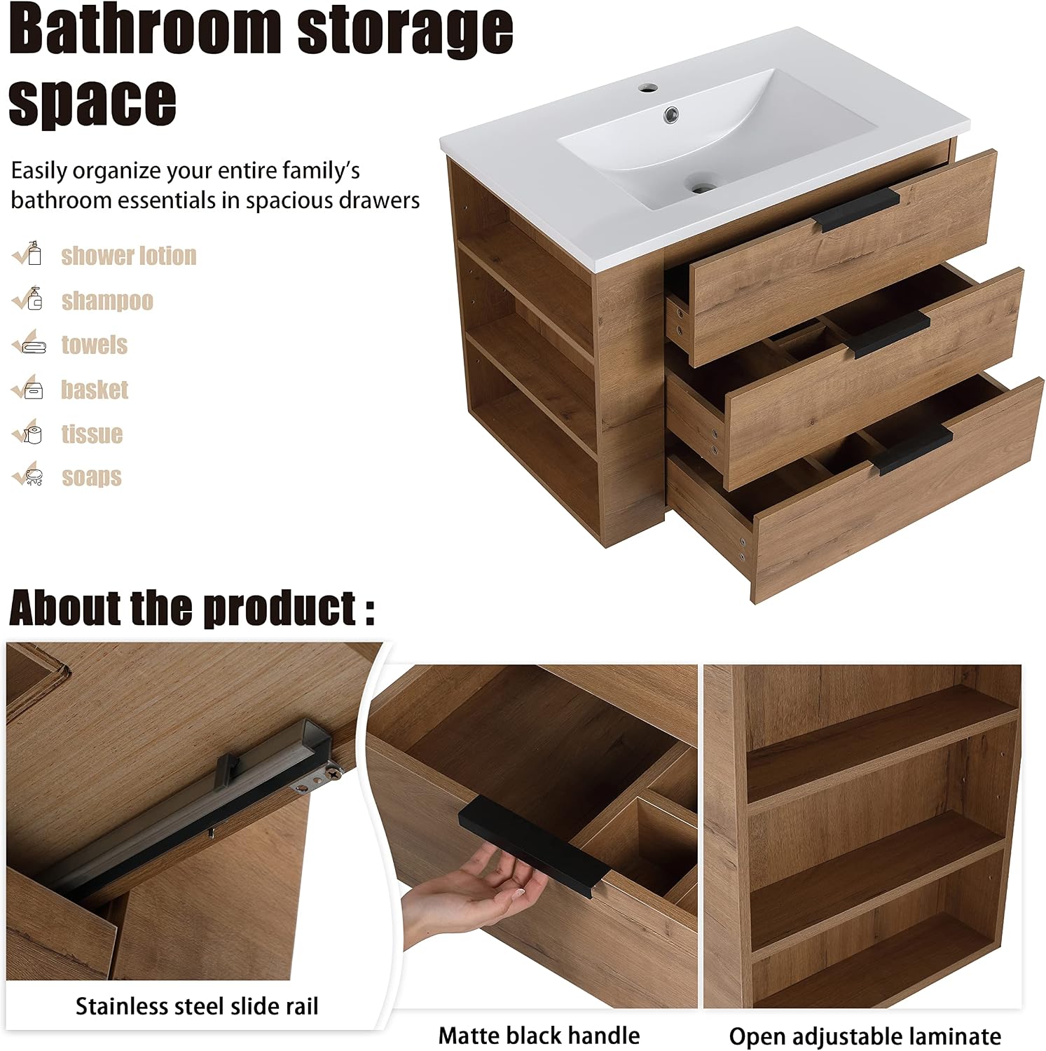 30' Bathroom Vanity with Sink, 30 Inch Floating Vanity with 3 Drawers, Modern Single Sink Bathroom Vanity Combo, Brown Wall Mounted Cabinet Set with Open Shelf (IMO-014, 30''W x 18''D(L))