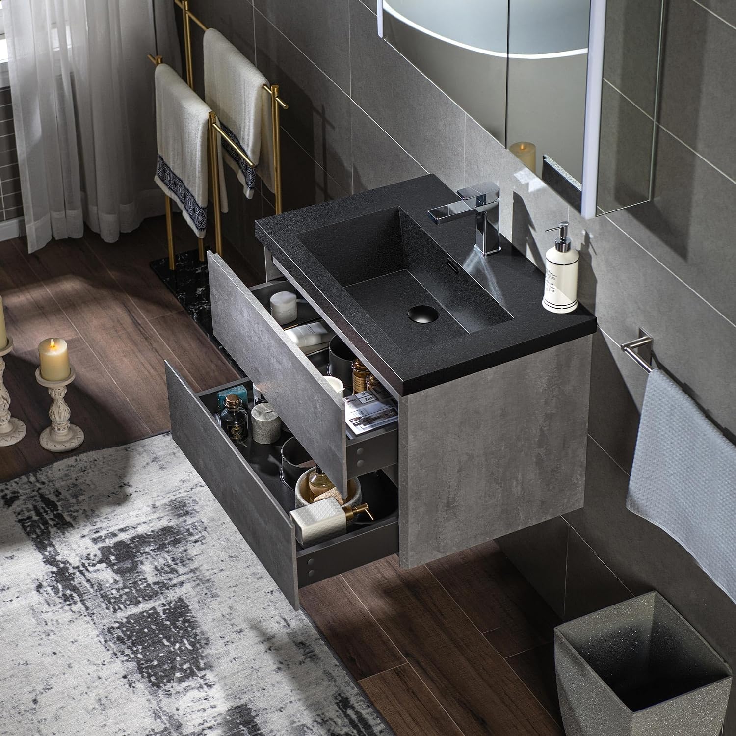 WOODBRIDGE 24 in. W x 19 in. D Wall Mounted Floating Bathroom Vanity in Gray with Quartz Sand Composite Vanity Top in Matte Black
