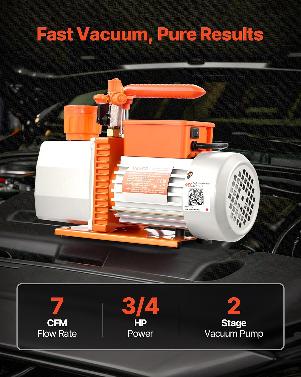 VEVOR Vacuum Pump, 7 CFM 3/4 HP, HVAC Two Stage Rotary Vane AC Vacuum Pump, for R134a R22 R410a R1234YF R32, 4 Pole Motor, for Automotive Air Conditioner Maintenance Resin Degassing, Oil Included