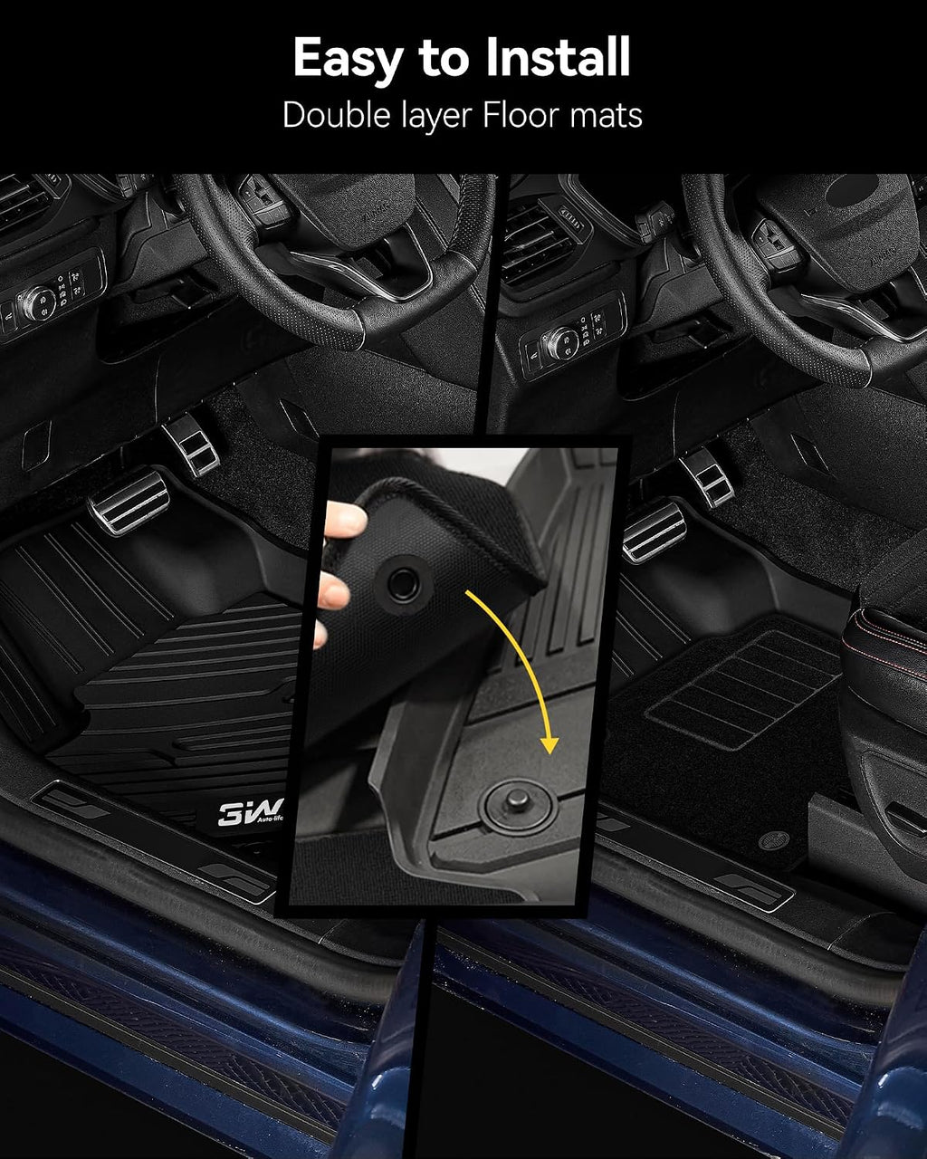 3W Floor Mats & Front Carpets Fit 2022-2026 Toyota Tundra (Only for CrewMax Cab), SR/SR5/TRD PRO/Limited/Platinum/Castone Custom Fit All-Weather TPE Front & Rear Row Floor Liner Black