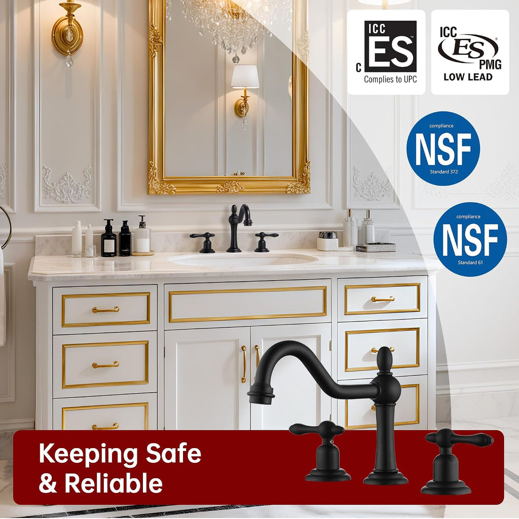 sumerain Matte Black 8 inch Widespread Bathroom Faucet, 2 Handles Vintage Basin Faucet with Swivel Spout