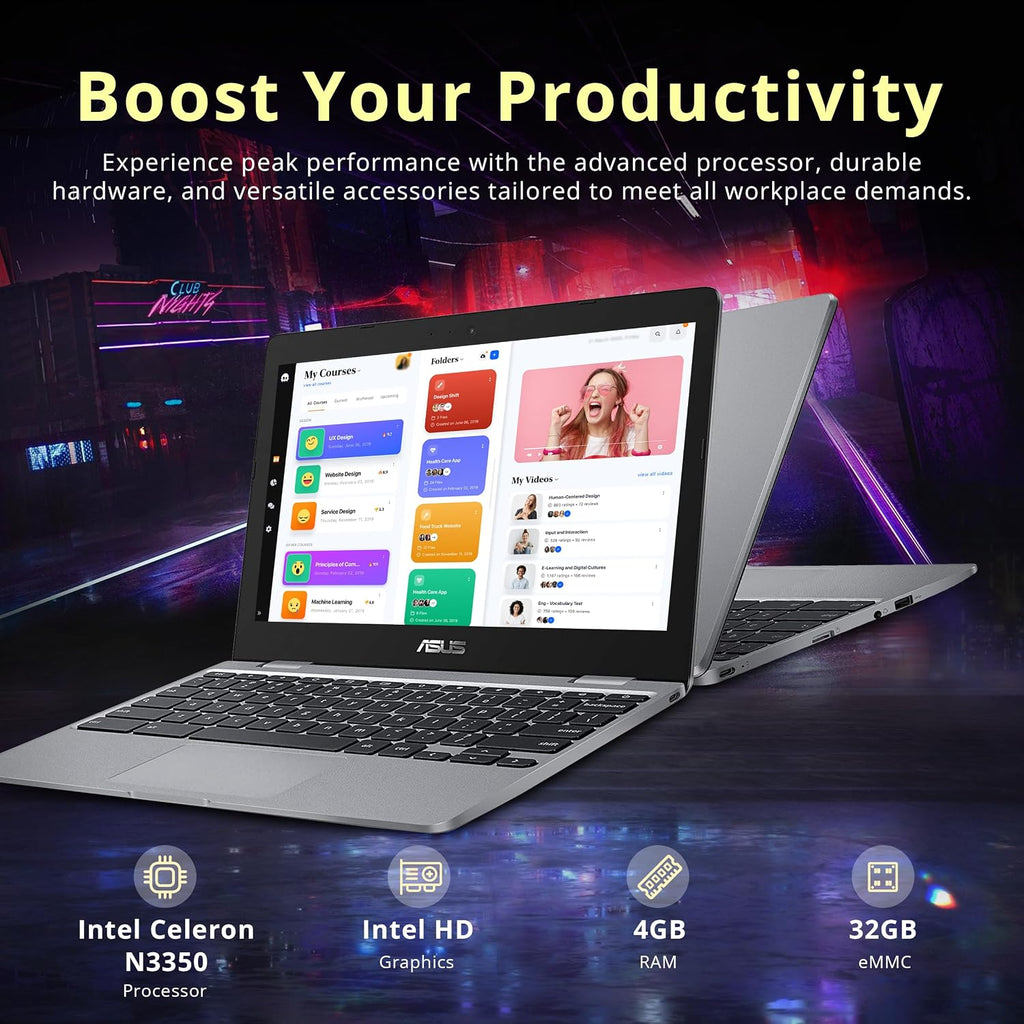 ASUS C223 11.6/'' HD Chromebook Laptop, Intel Celeron N3350 Processor, 4GB RAM, 32GB eMMC Flash Memory, Intel HD Graphics, HD Webcam, Stereo Speakers, Chrome OS, Gray, (renewed)