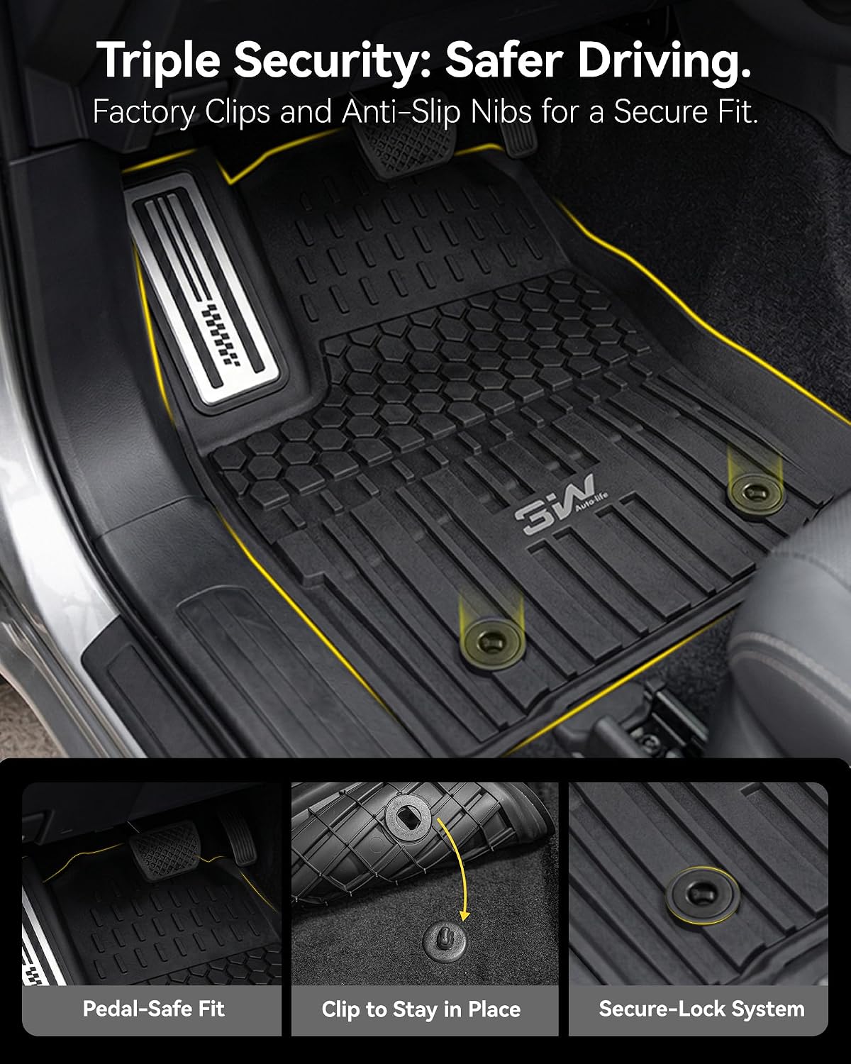 3W Floor Mats Fit for Toyota Tacoma Hybrid 2024 2025 2026 with Metal Pedals, TPE All Weather Custom Fit Floor Liner for Tacoma Accessories 1st and 2nd Row Full Set Car Mats Easy Clean, Black