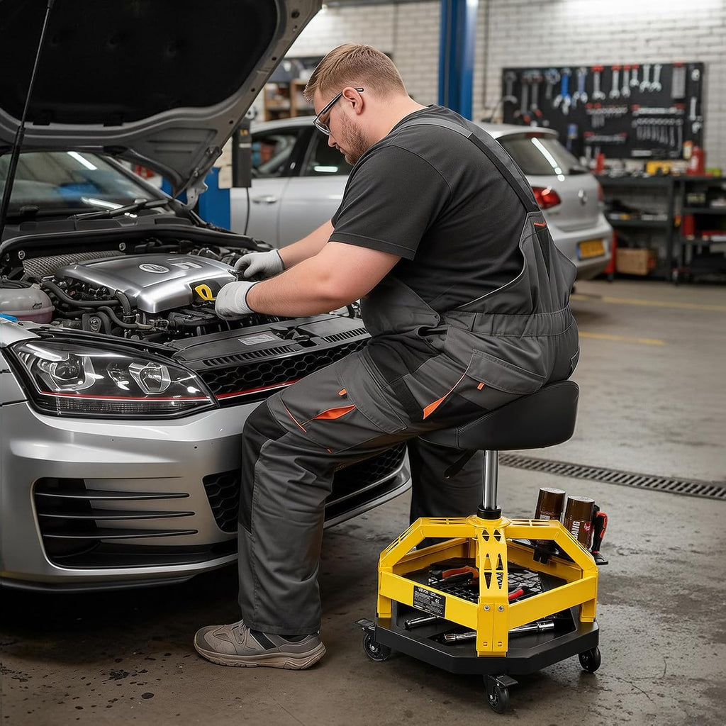 VEVOR Rolling Shop Stool with Wheels, 19.7'-25.6' Adjustable Height, 360° Swivel, 330 lbs Capacity, Garage Work Mechanic Stool with Backrest, Tool Tray Storage, Padded Seat Shop Chair, Black/Yellow