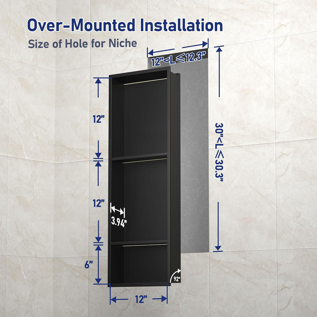 Stainless Steel Led Shower Niche Black 30' X 12' No Tile Needed | Recessed niche matte black w/ 3-tier shelf,Led driver UL listed,vertical niche,non-dimmable,3000K warm light IP66 waterproof