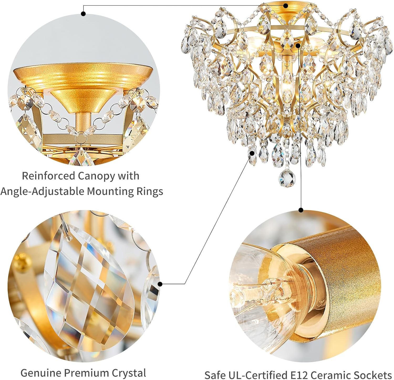WUZUPS 6-Light Crystal Chandelier Ceiling Light Modern Lighting Fixture for Bedroom Hallway Bar Kitchen Bathroom, H 15.6' W 20.1', E12 Base, Gold