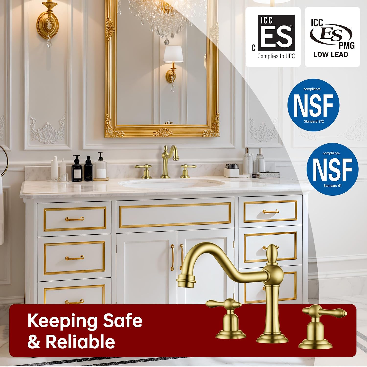 sumerain 3 Holes 8 inch Widespread Bathroom Sink Faucet, Brushed Gold 2 Handle Vanity Faucet with Swivel Spout