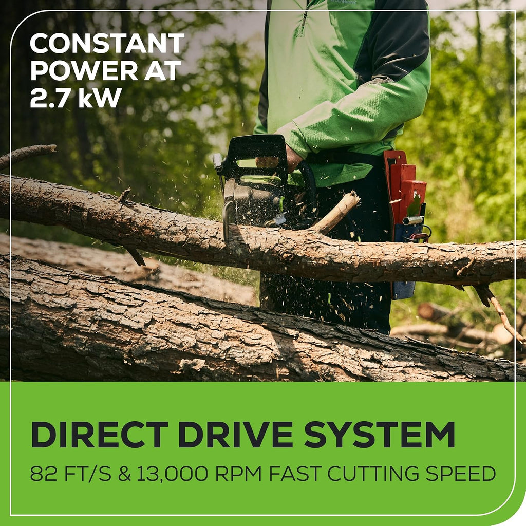 Greenworks 82V 18' Brushless (2.7 kW) Cordless Chainsaw (210 Cuts Per Charge), 4.0Ah Battery and Dual Port Rapid Charger (Great For Landscapers and Professionals)