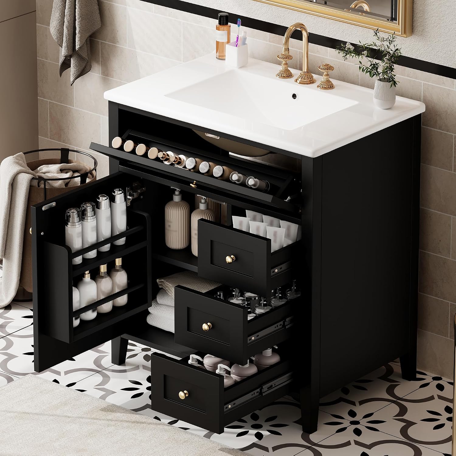 30-inch Bathroom Vanity with Sink Combo, Free-Standing Single Storage Cabinet with Tilt-Out Drawer, 3 Drawers, Adjustable Shelf & Storage Rack, Vanity with Ceramic Basin for Bathroom (Black)