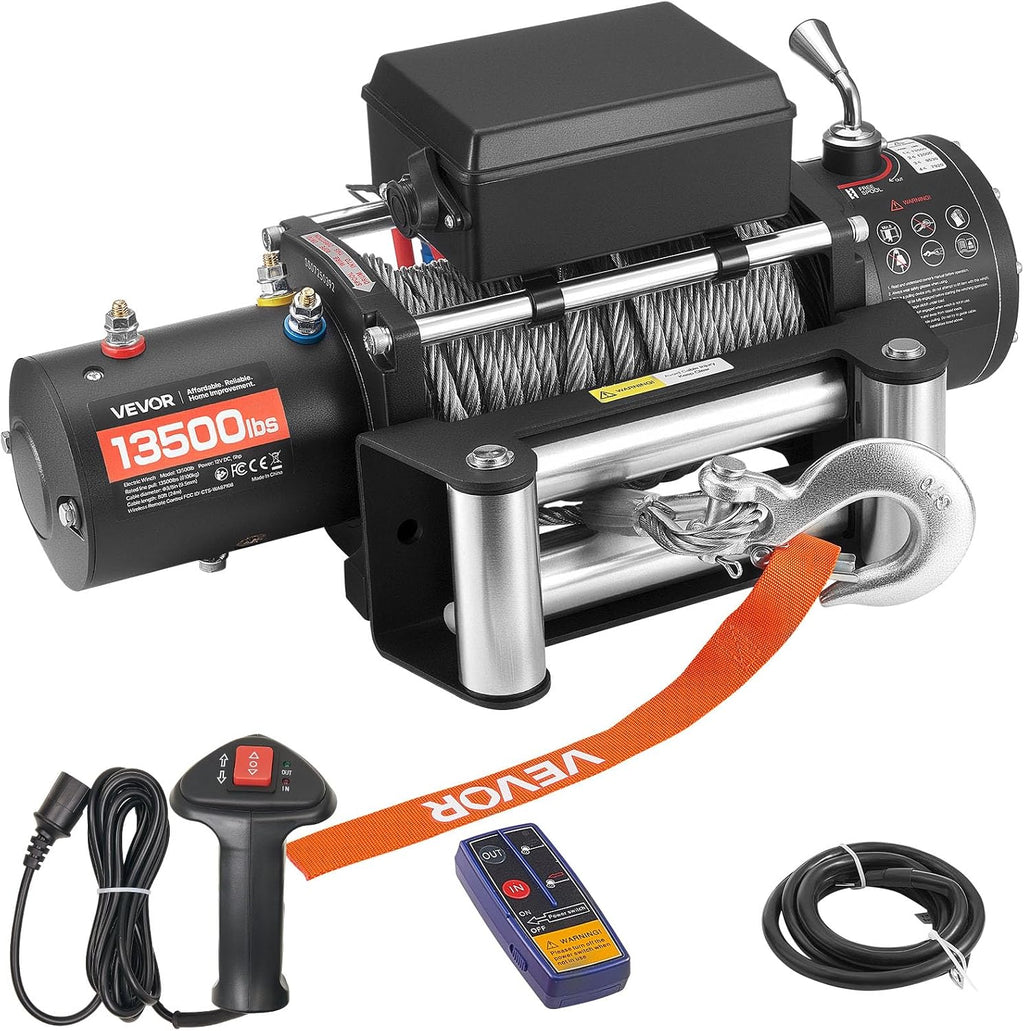 VEVOR Electric Winch, 13500 lbs Load Capacity, 12V DC Truck Winch with Φ3/8 in x 80 ft Steel Rope, Wireless & Wired Remote Control, IP55 Waterproof for Towing SUV Jeep Trailer Boat Off-Road Vehicle