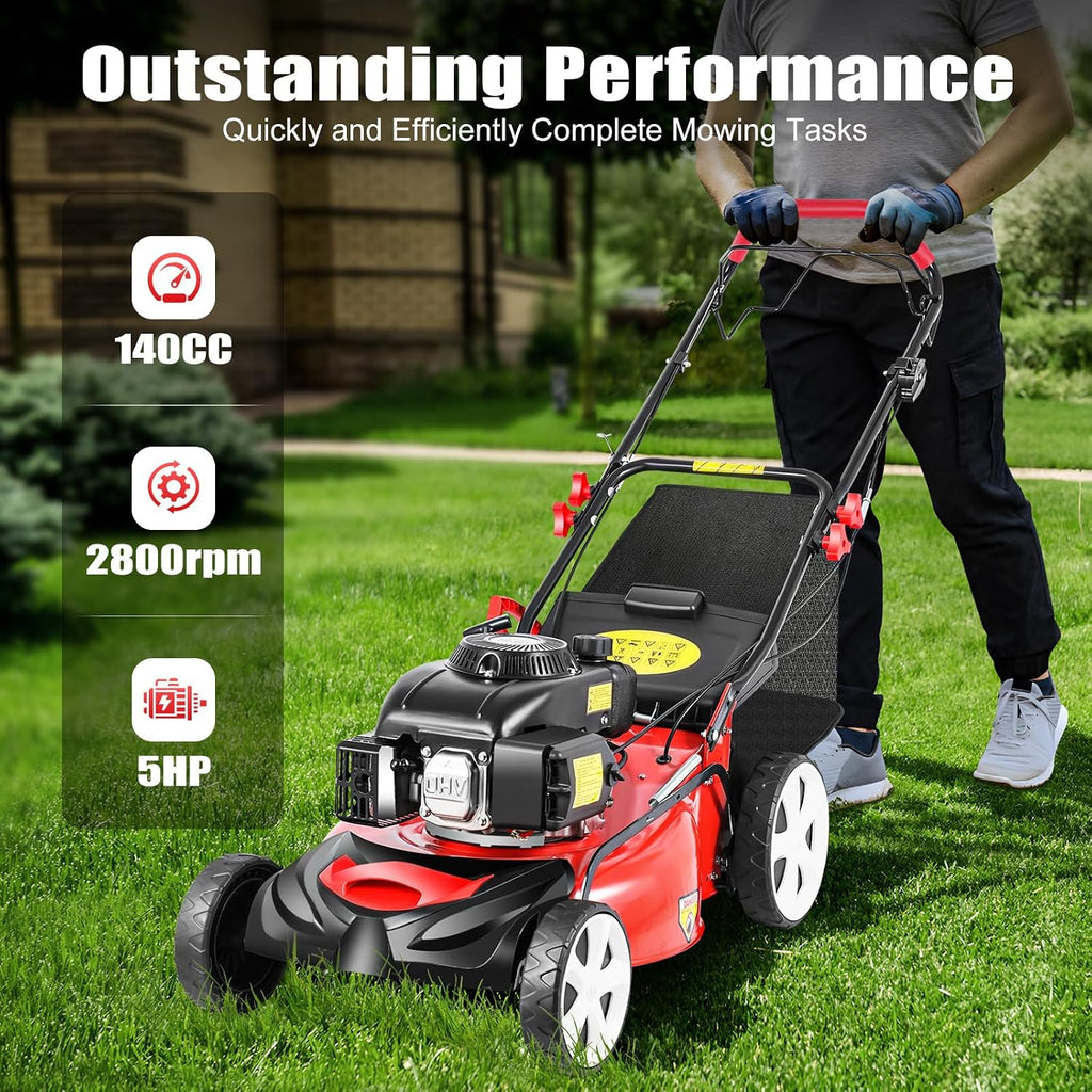 Self Propelled Gas Lawn Mower, 4-Stroke 140CC 5HP OHV Gasoline Lawn Mowers 3-in-1 Multifunctional Push Mowing Single Cylinder Mulching Lawnmower w/8 Gears Height Adjustments for Urban Gardens, Villas