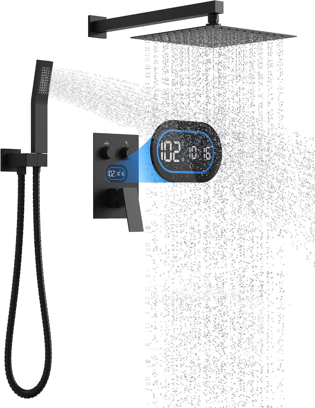 Push Button Diverter Shower Faucet Set, Hydro Power Temperature Display, Shower System 10 Inch Shower Head with Handheld Spray, Wall Mounted Shower Fixtures with Shower Valve and Trim Kit, Matte Black