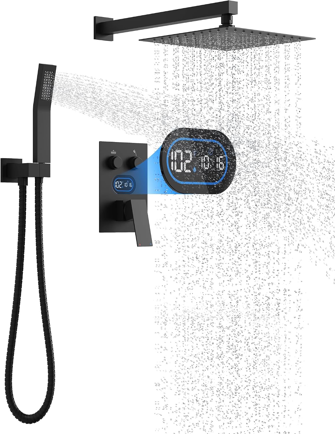 Push Button Diverter Shower Faucet Set, Hydro Power Temperature Display, Shower System 10 Inch Shower Head with Handheld Spray, Wall Mounted Shower Fixtures with Shower Valve and Trim Kit, Matte Black