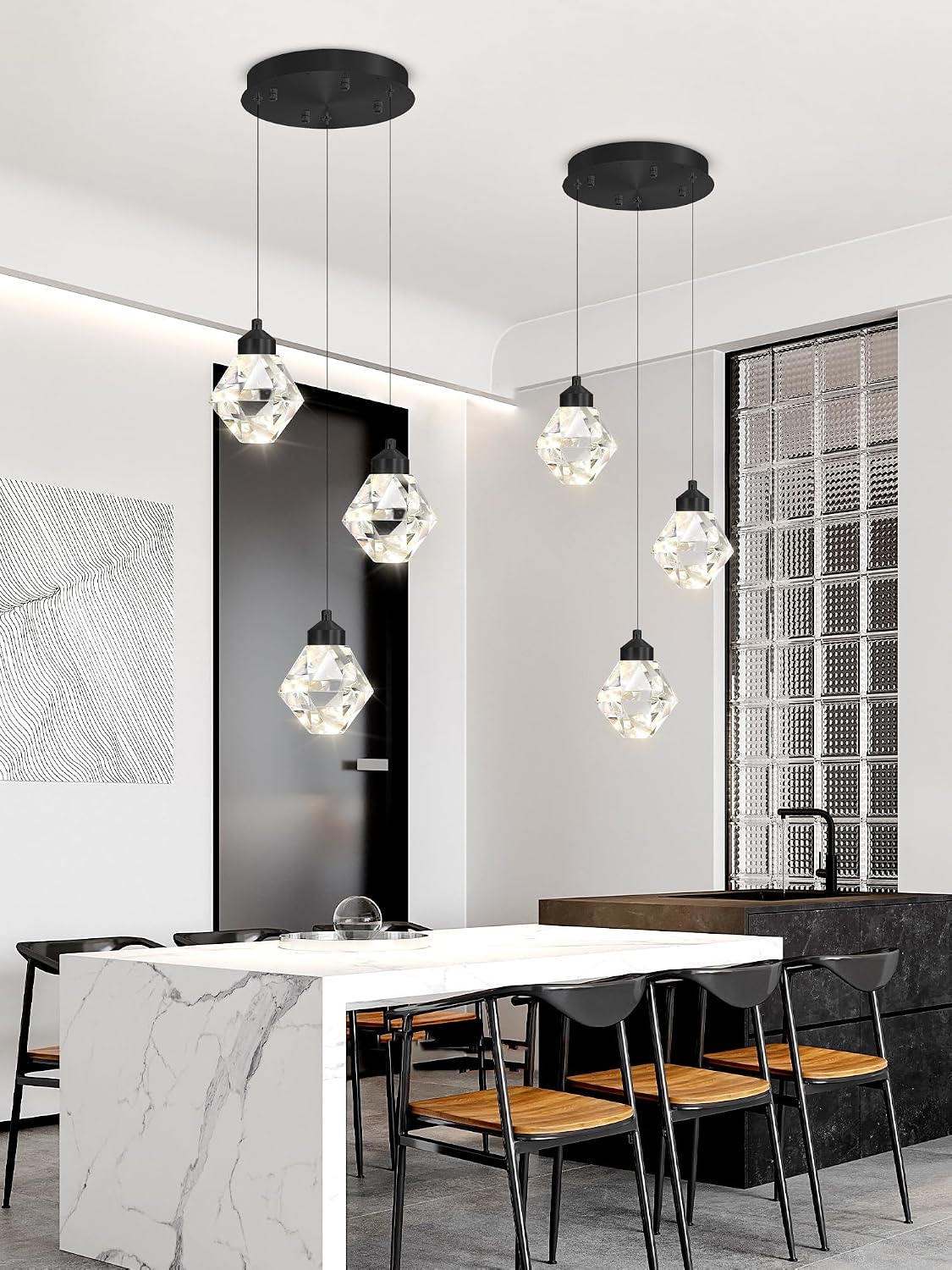3-Lights Kitchen Island Pendant Lights Black Mini Chandeliers for Dining Room Crystal Pendant Lighting Ceiling Lights for Hallway Foyer Living Room