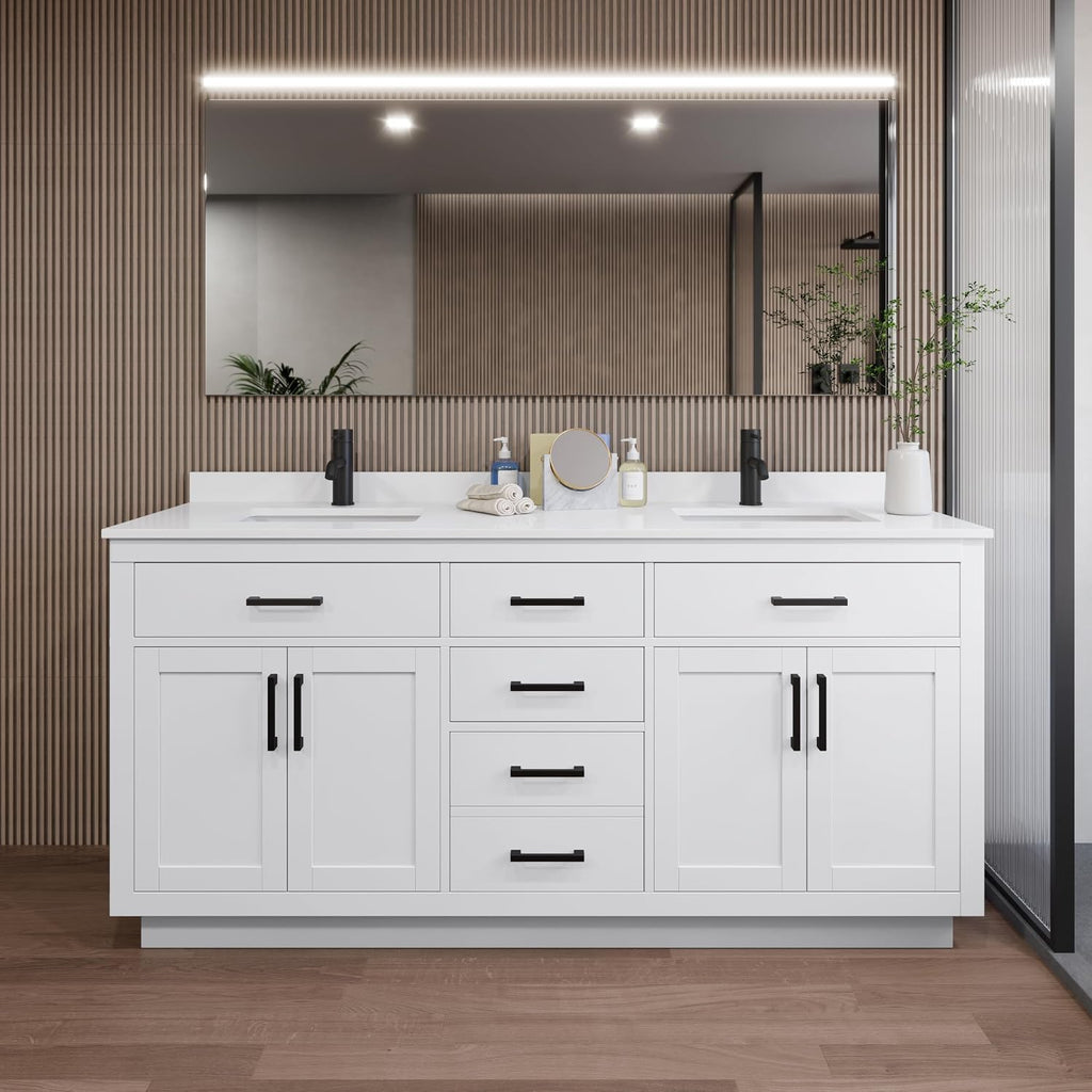 Wyndham Collection Beckett 72 Inch Double Bathroom Vanity with Toe Kick in White, White Quartz Countertop, Undermount Square Sinks (1-Hole), Matte Black Trim